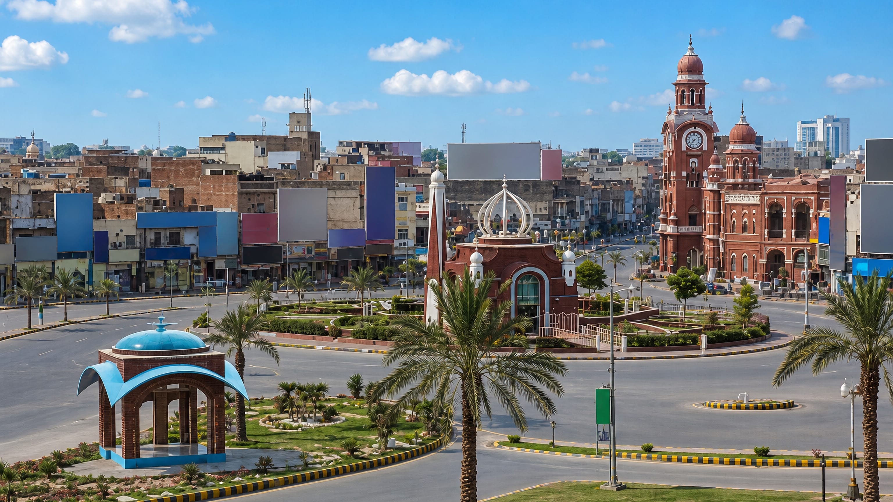 Multan's red-brick Ghanta Ghar clock tower and Municipal Corporation building above a palm-lined roundabout