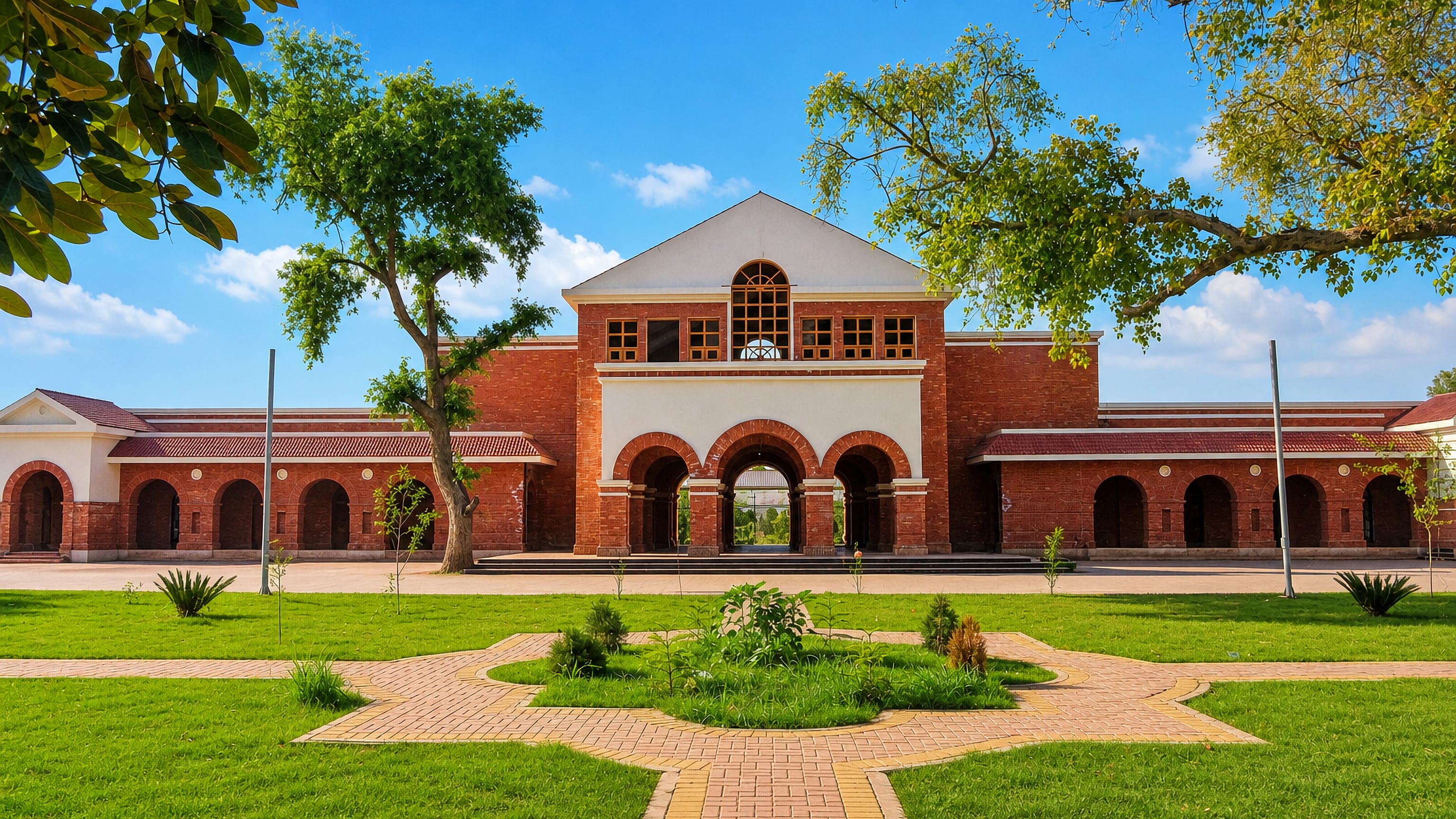 Red-brick colonnaded colonial-era building fronted by lawns and a paved garden path in Sahiwal, Pakistan.