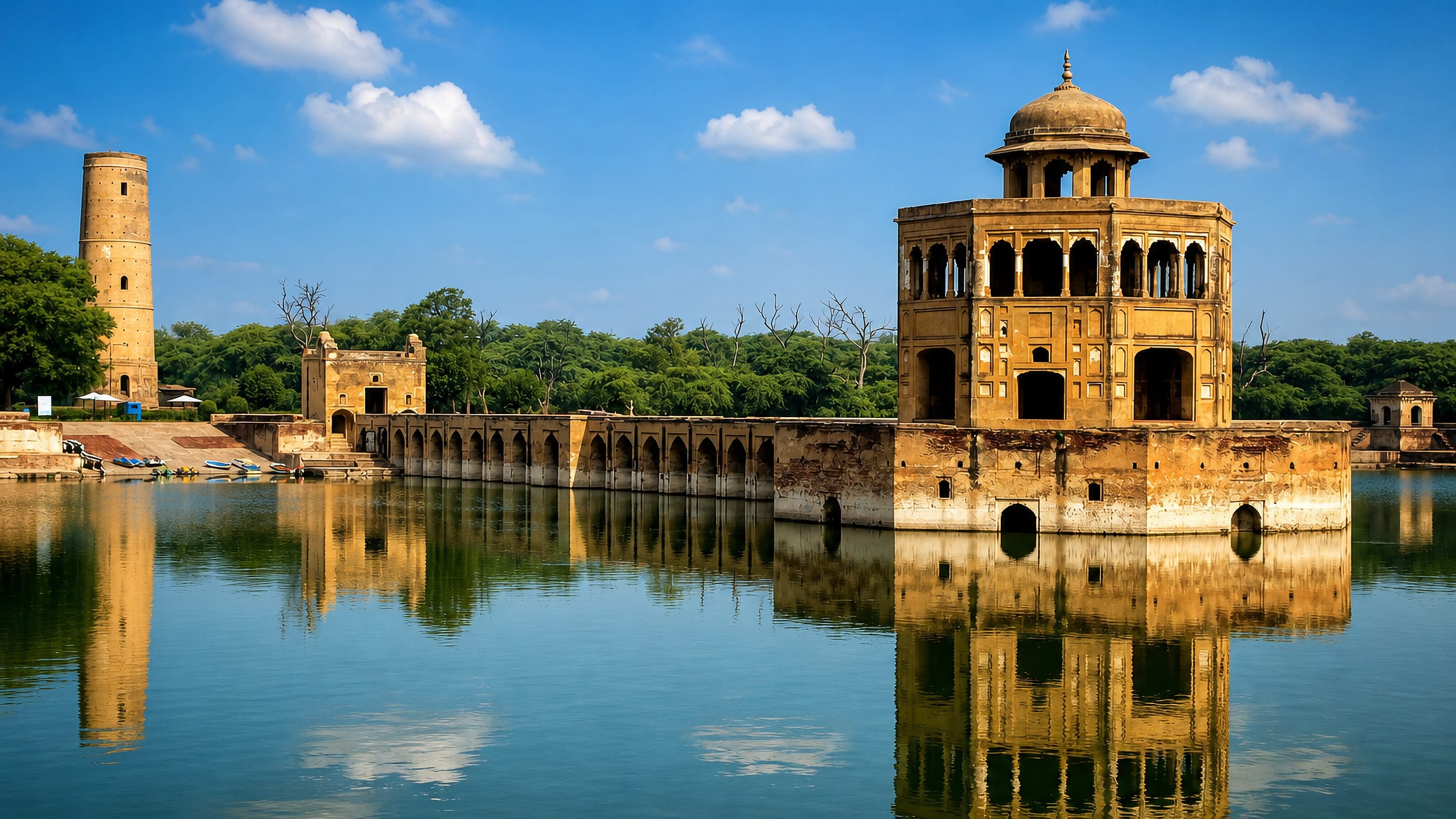 Mughal-era brick pavilion and tower reflected in the water tank at Shekhupura, Pakistan.