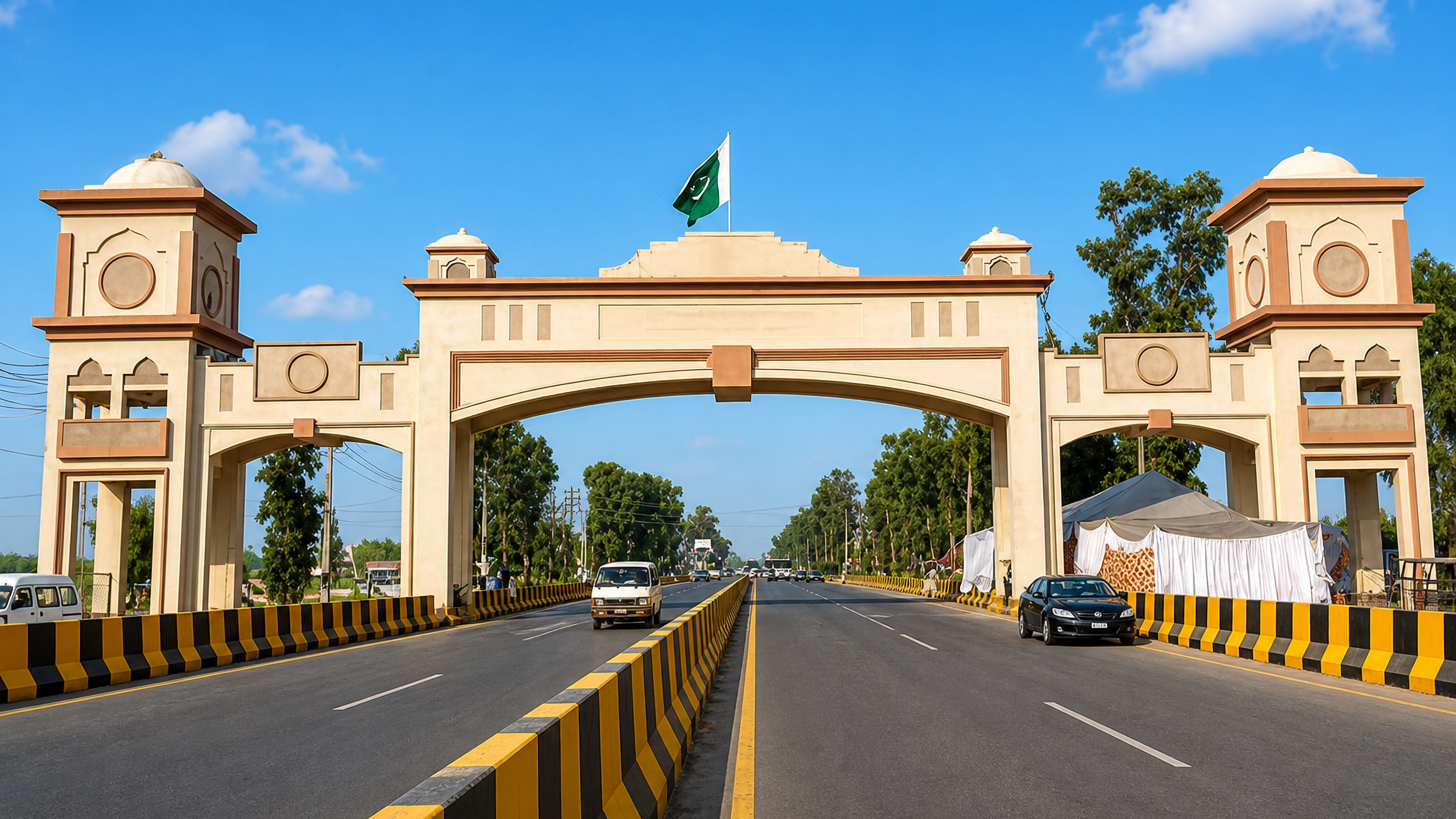 Ceremonial gateway arch flying the Pakistani flag over the highway into Sialkot, Punjab