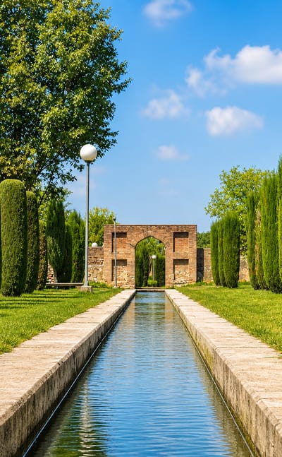 Cypress-lined water channel and brick gateway in the Mughal-era gardens of Wah Cantt, Punjab.