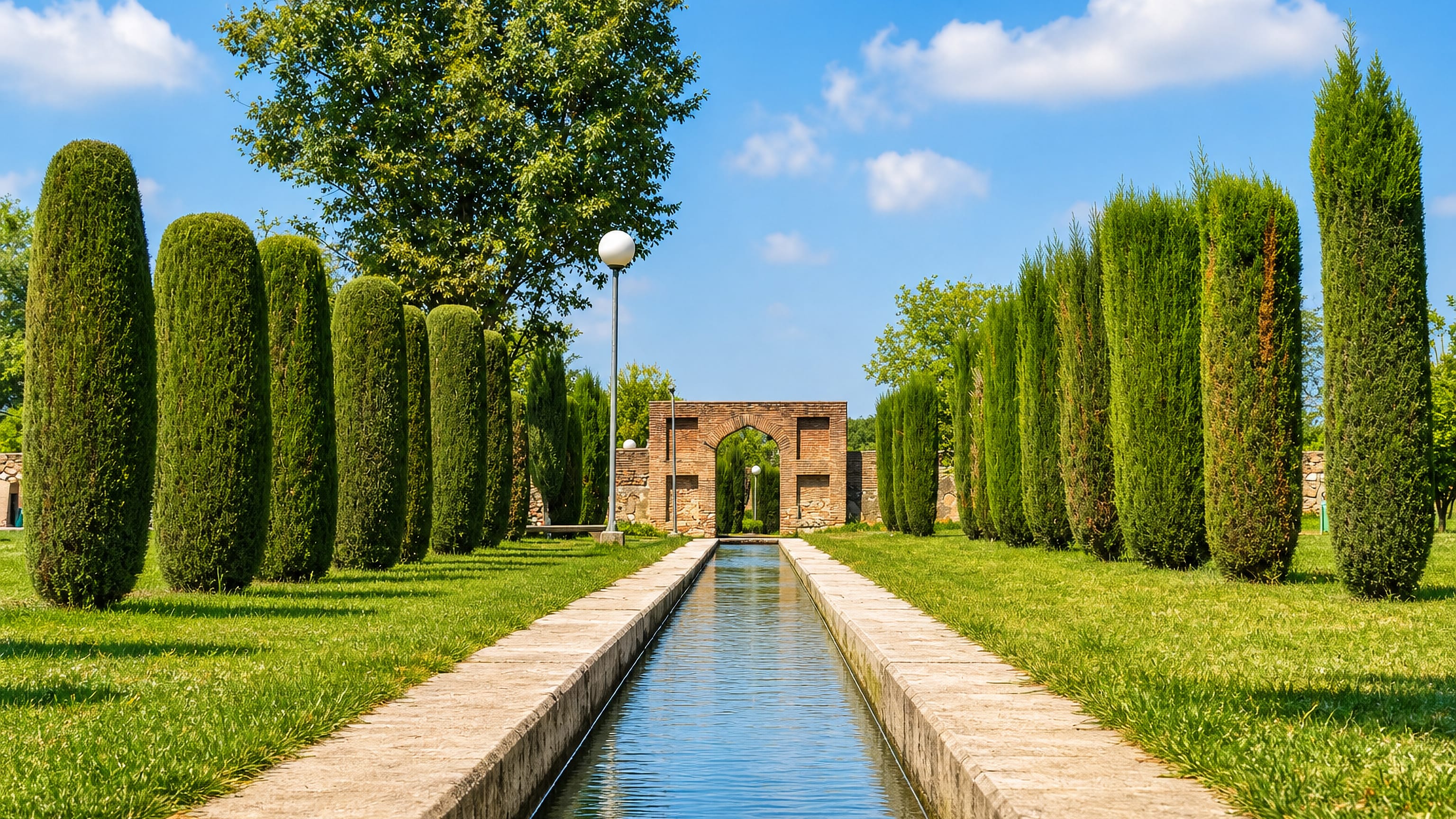 Cypress-lined water channel and brick gateway in the Mughal-era gardens of Wah Cantt, Punjab.