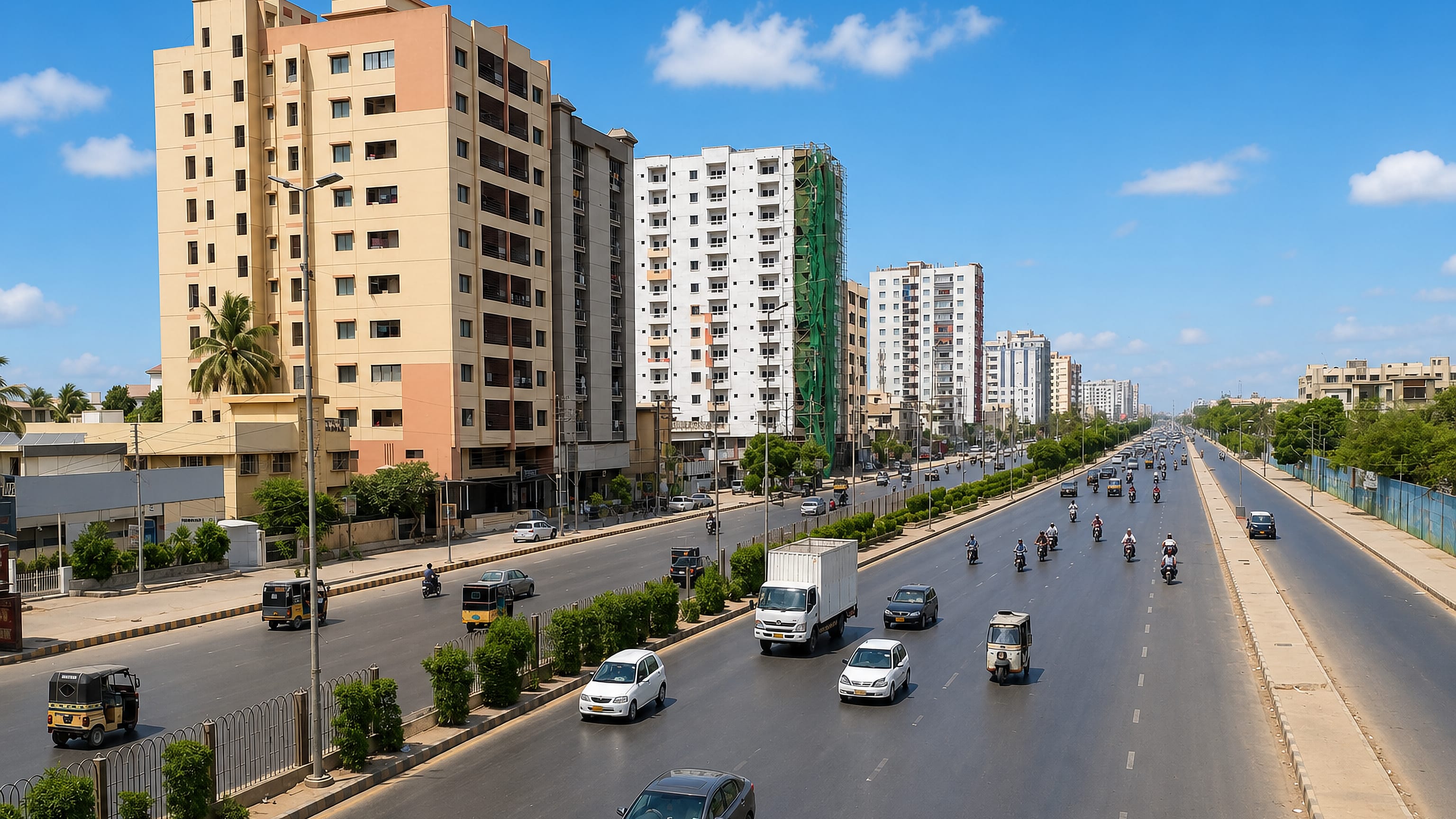 Traffic and auto-rickshaws on a wide divided road past apartment blocks in Karachi's Federal B. Area