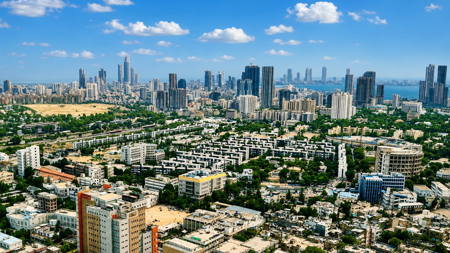 Aerial view of Karachi with a dense high-rise skyline rising behind low residential blocks near the coastline.