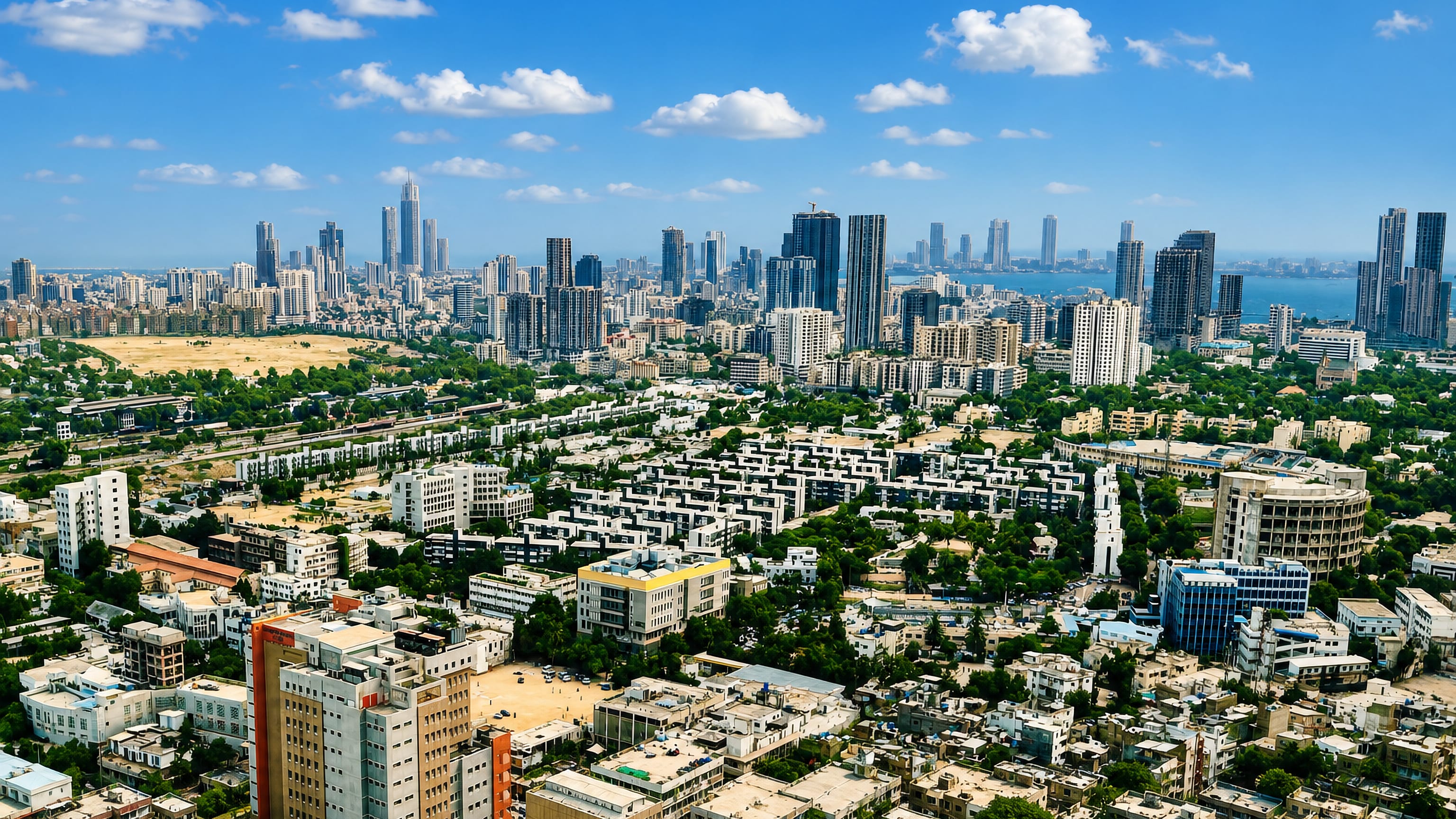 Aerial view of Karachi with a dense high-rise skyline rising behind low residential blocks near the coastline.