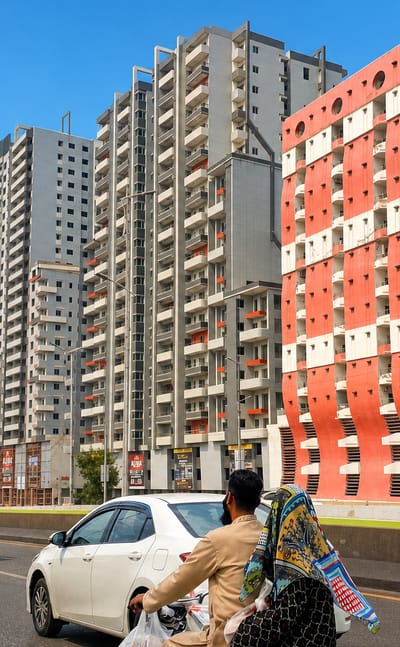 High-rise apartment towers and traffic along a highway in North Karachi