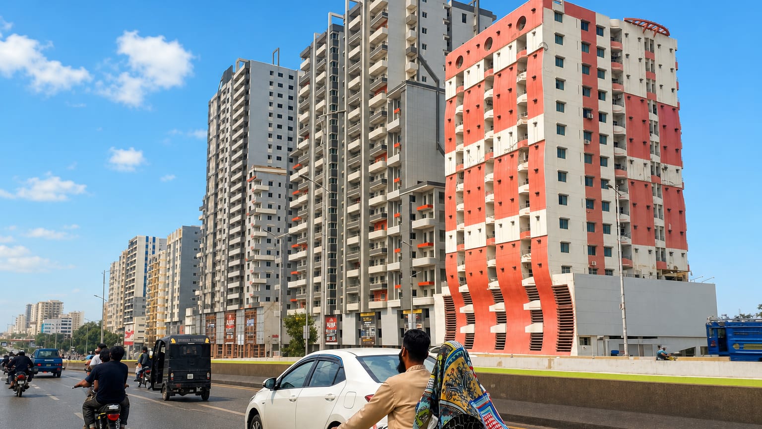 High-rise apartment towers and traffic along a highway in North Karachi