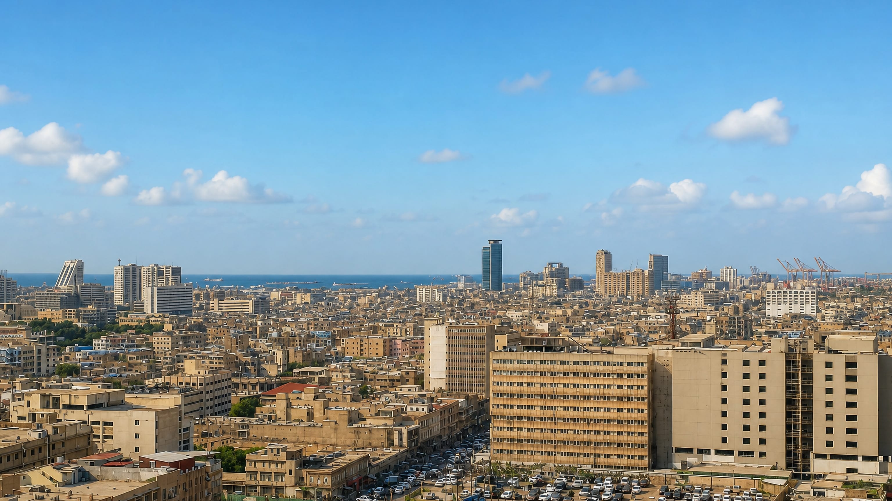 Saddar, Karachi: dense low-rise rooftops stretching to the Arabian Sea and port cranes under a hazy blue sky.
