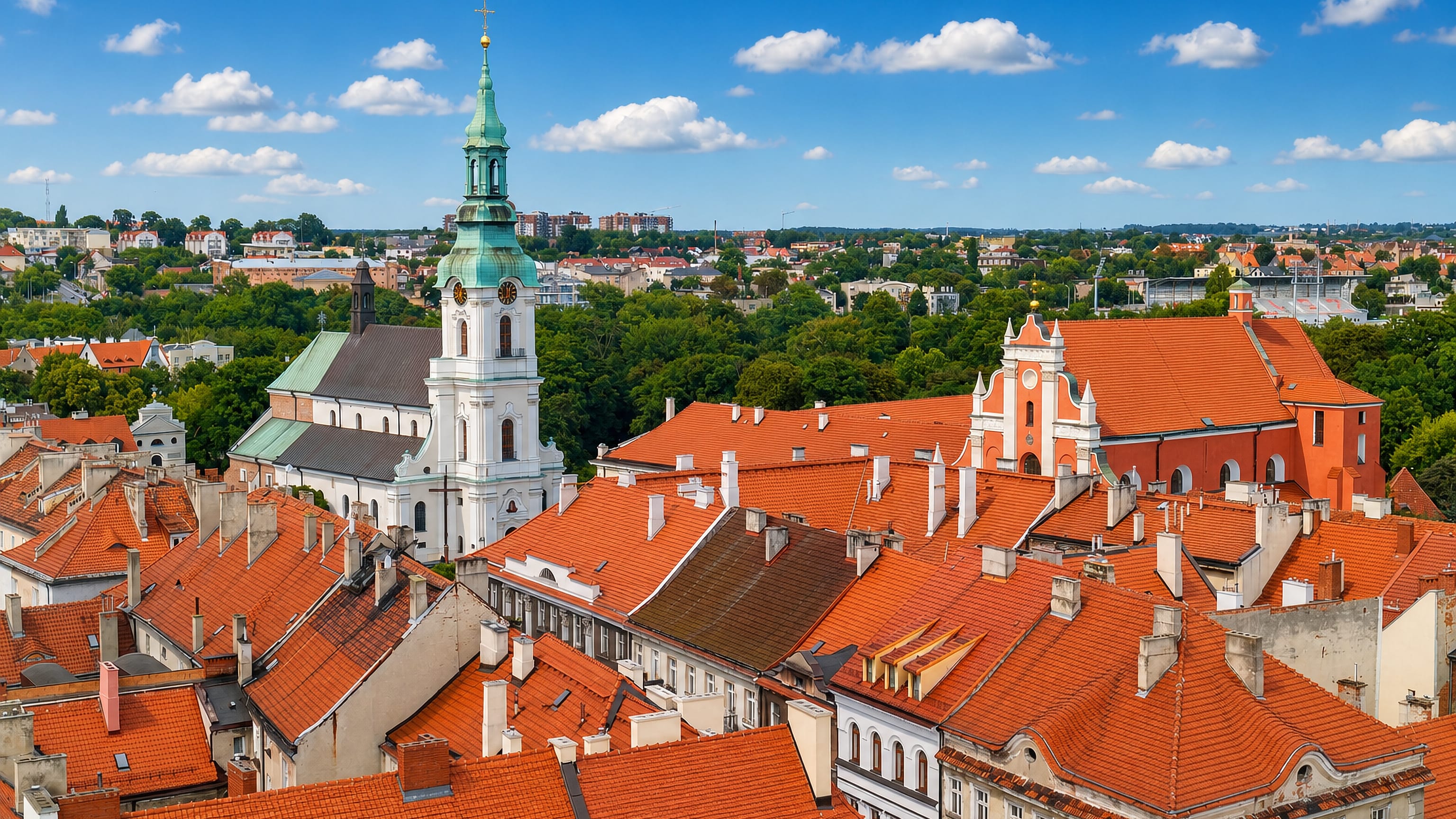 Red-tiled rooftops of Kalisz old town, Poland, beneath a green-spired baroque church tower and red-brick church.