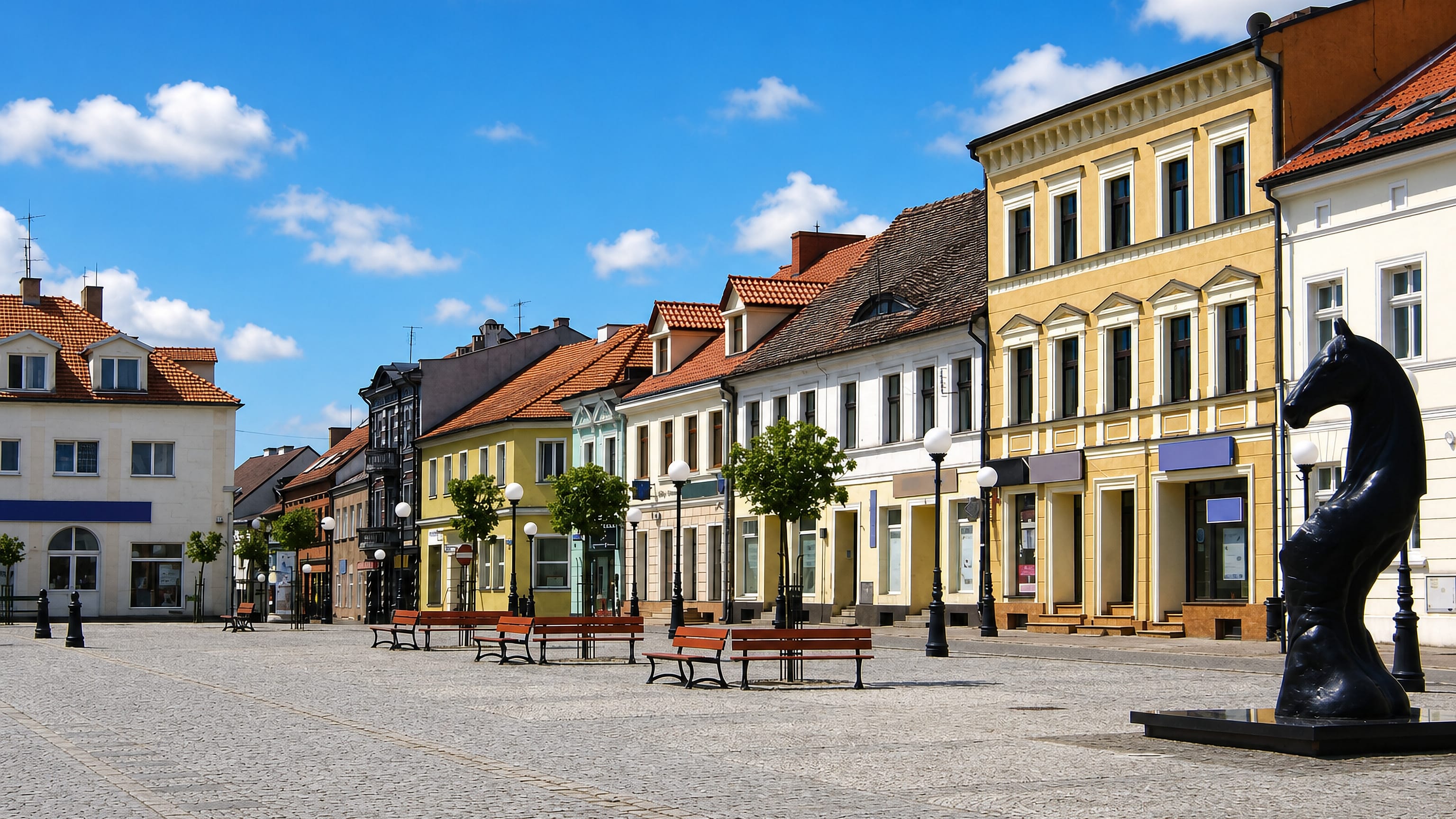 Konin's cobbled market square in Poland, lined with pastel townhouses and marked by a black horse-head sculpture.