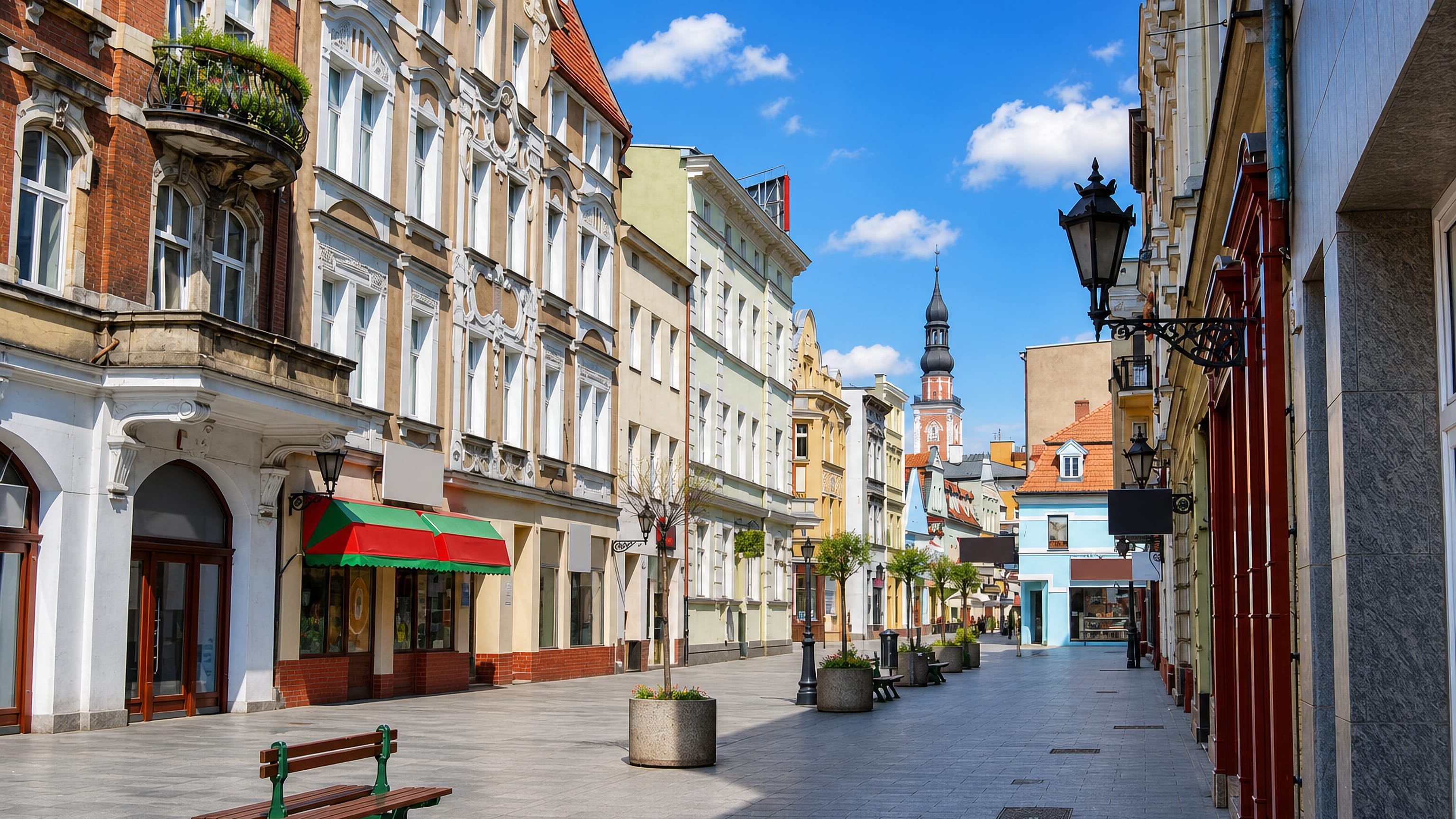 A pedestrian street of pastel tenement facades leading to a baroque church tower in Leszno, Poland.