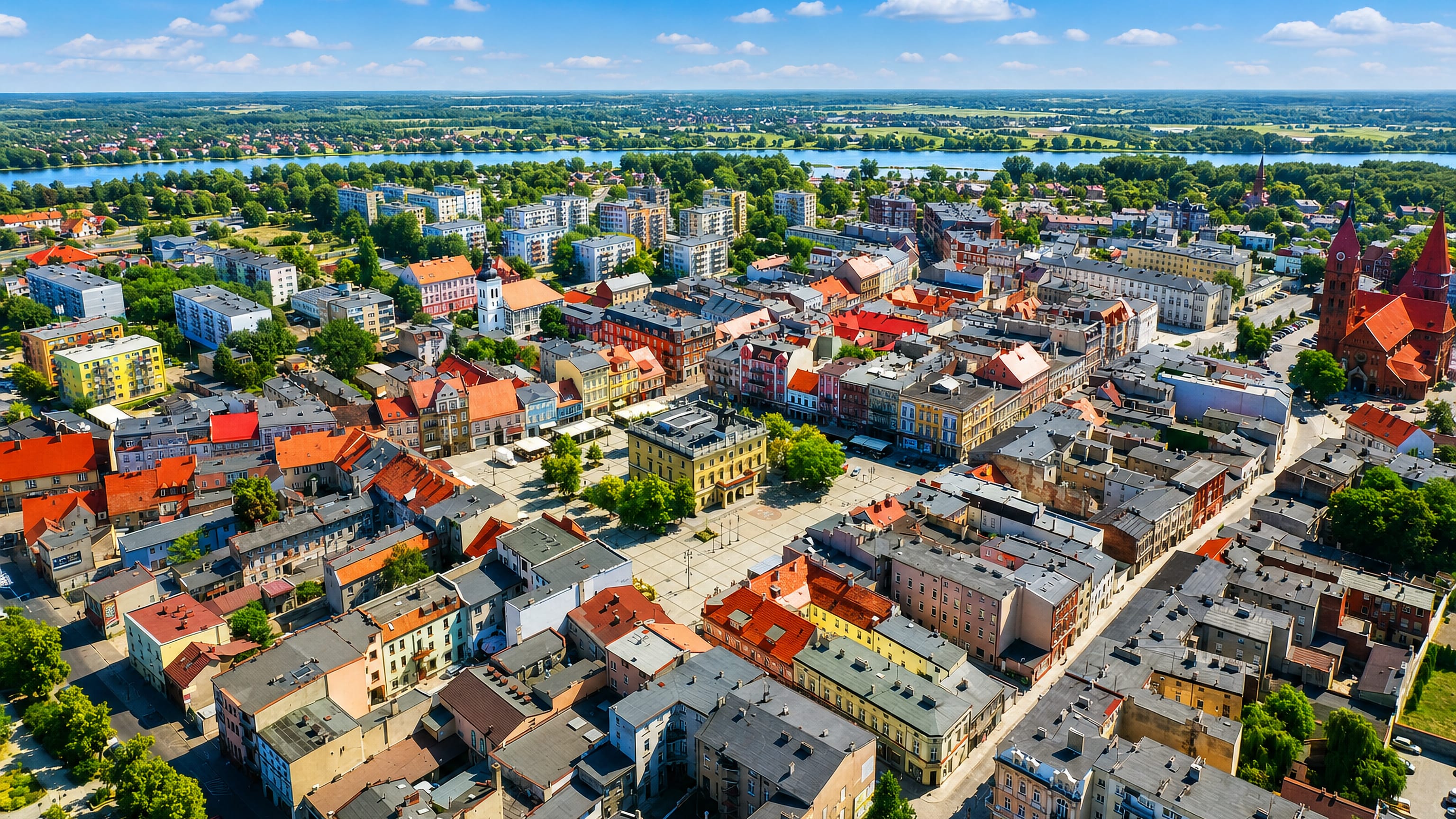 Aerial view of Ostrów Wielkopolski's market square, town hall tower and brick church above coloured rooftops.