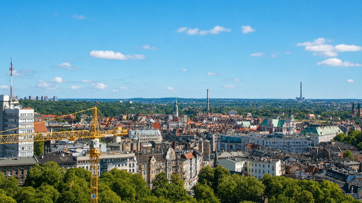Rooftops and green church spires of Poznan's old town over treetops, with a construction crane in view.