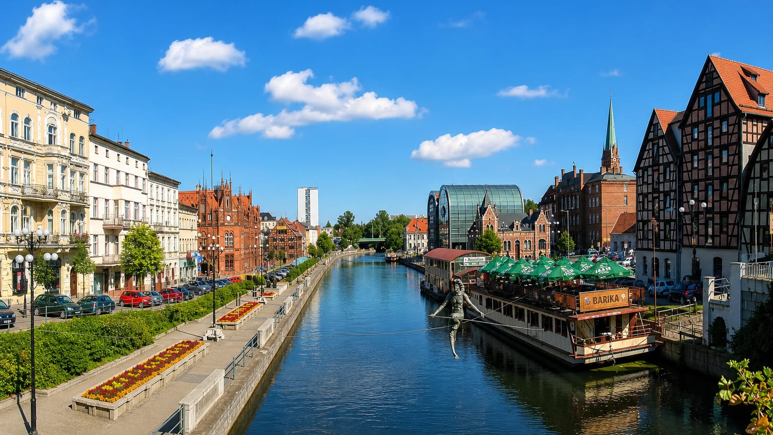 Bydgoszcz's Brda River waterfront with half-timbered granaries, historic townhouses and the tightrope-walker sculpture.