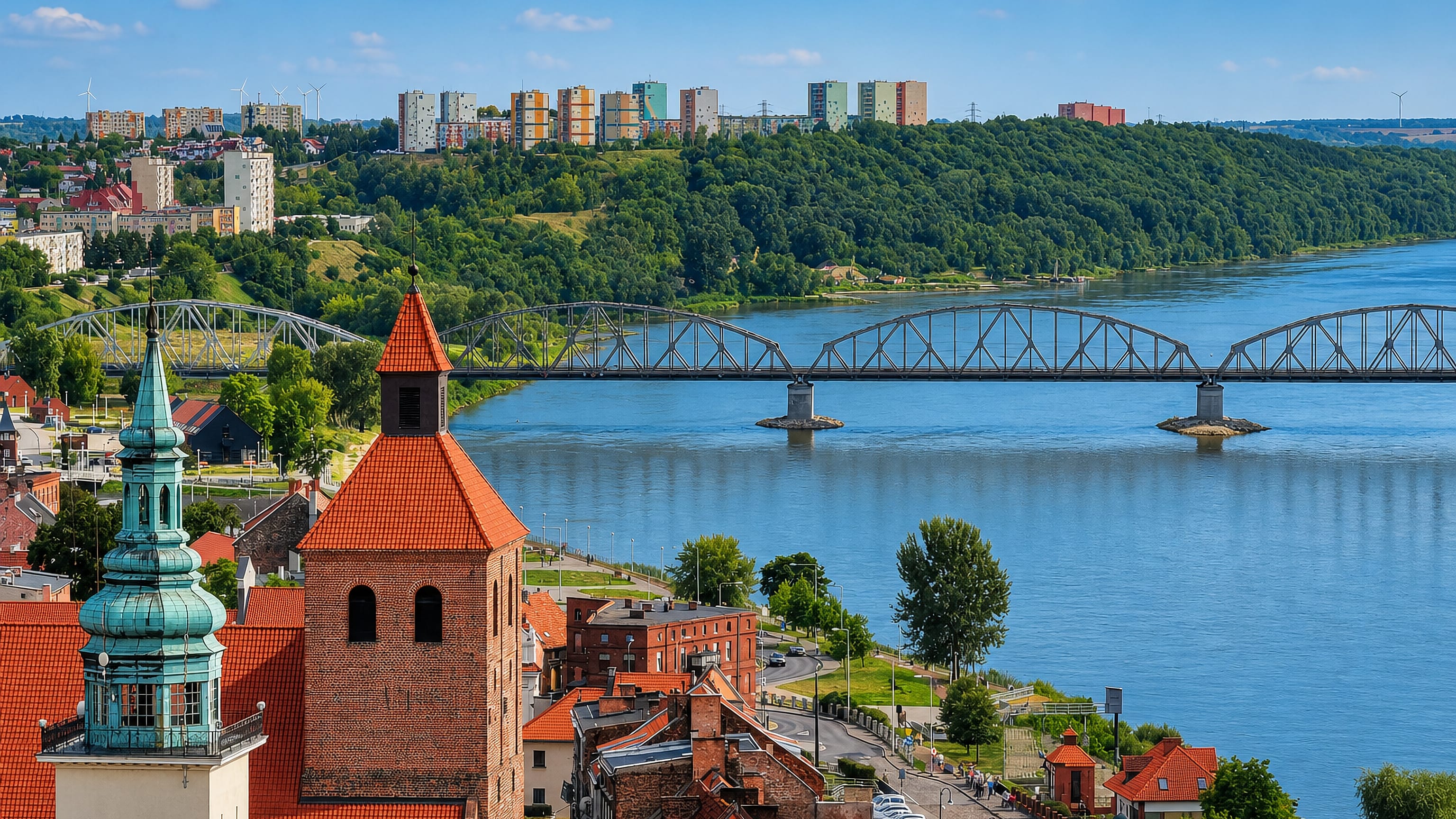 Grudziądz's brick Gothic church towers and red-tiled old town above the Vistula, with the truss bridge crossing the river.