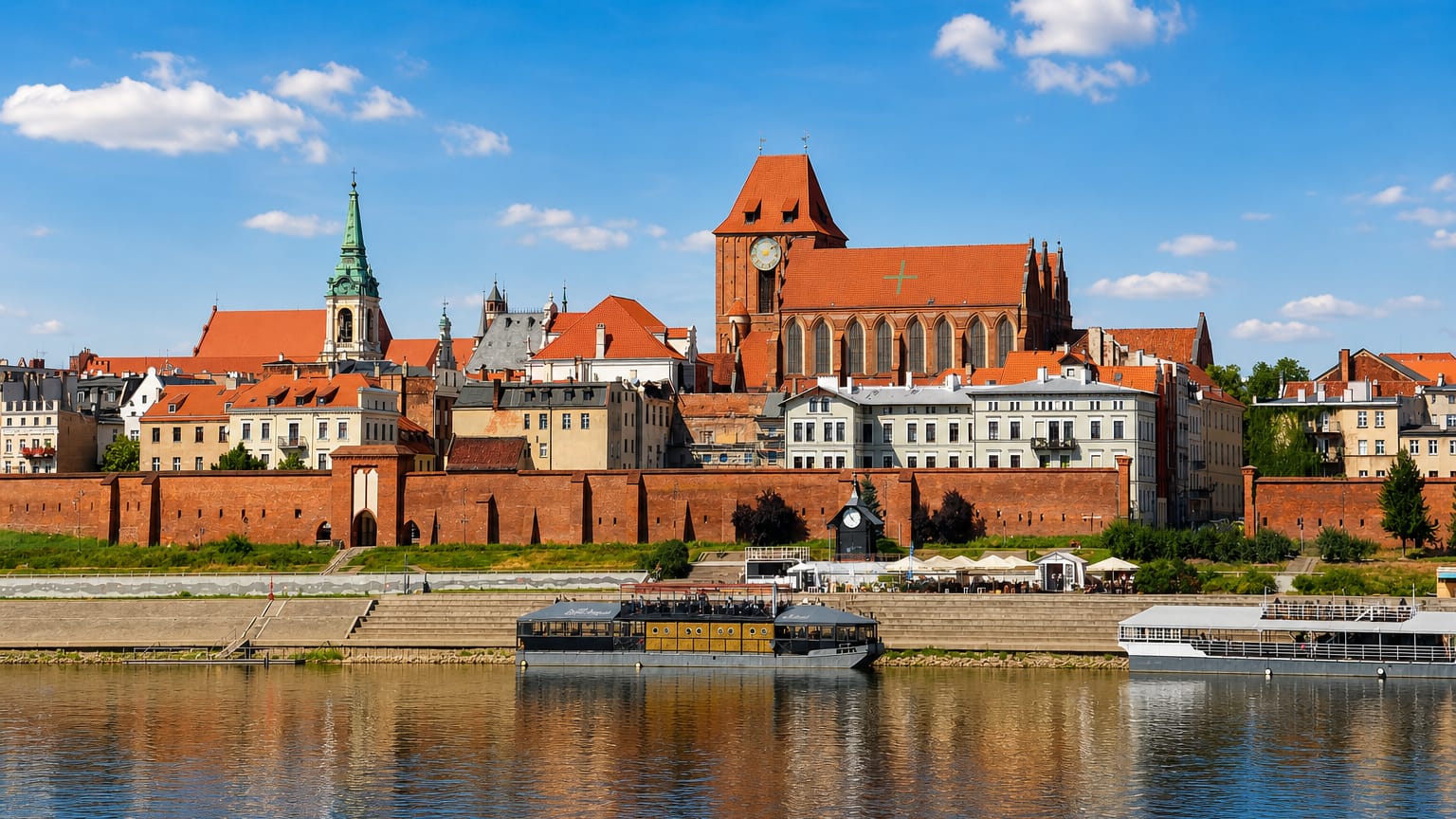 Toruń's medieval Old Town of red-brick Gothic churches and riverside walls seen across the Vistula River.