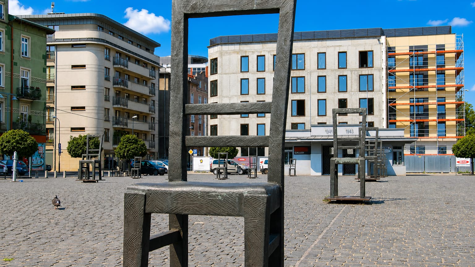Bronze empty-chair memorial sculptures on the cobbled Plac Bohaterow Getta square in Krakow's former Jewish ghetto.