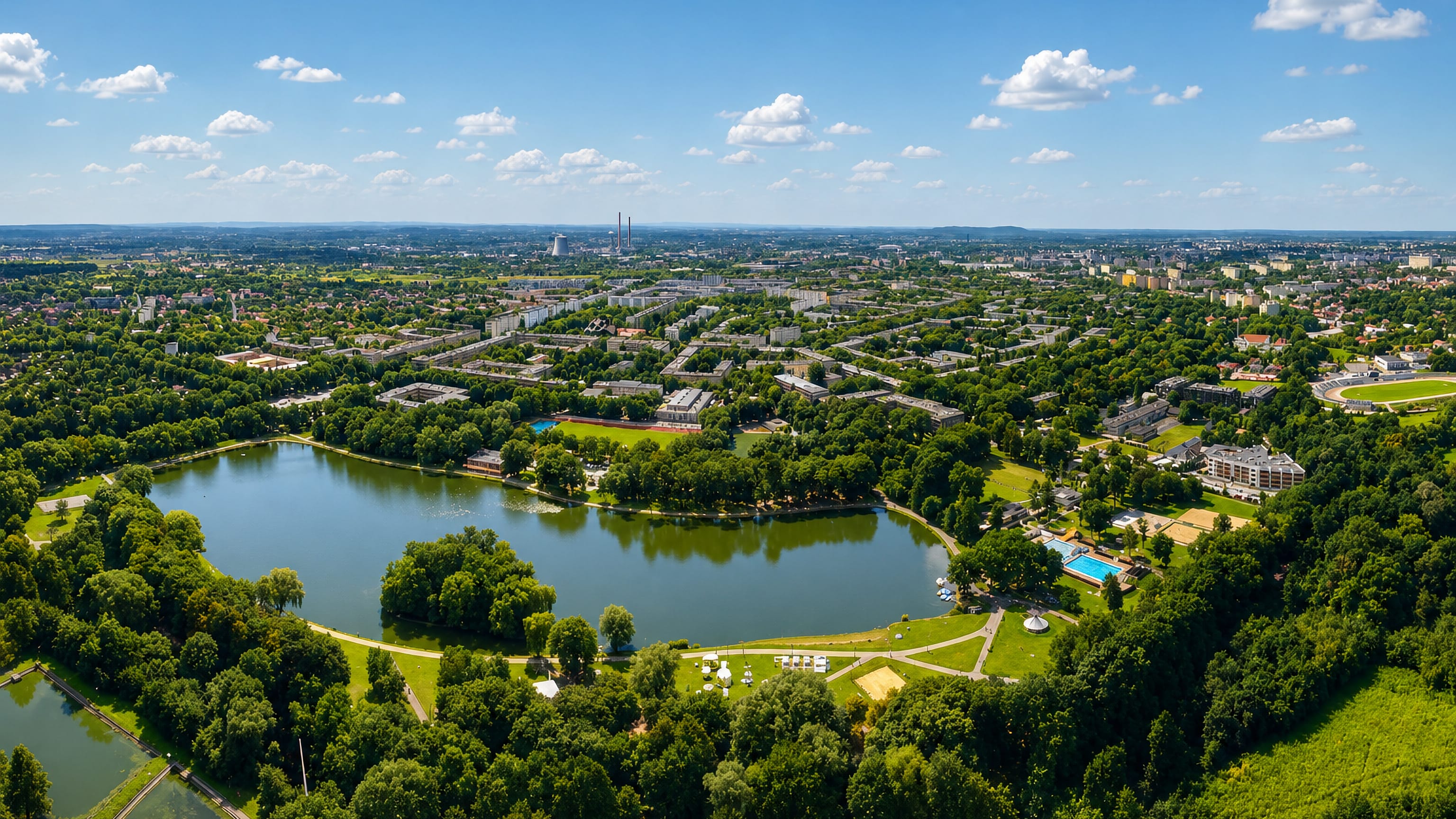 Aerial view of the Nowa Huta district of Krakow with its lagoon, parkland and planned housing blocks