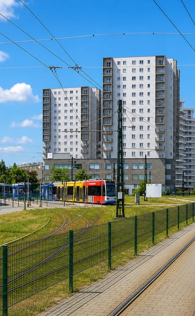 Tram approaching a stop below high-rise housing blocks in Prądnik Biały, Kraków.