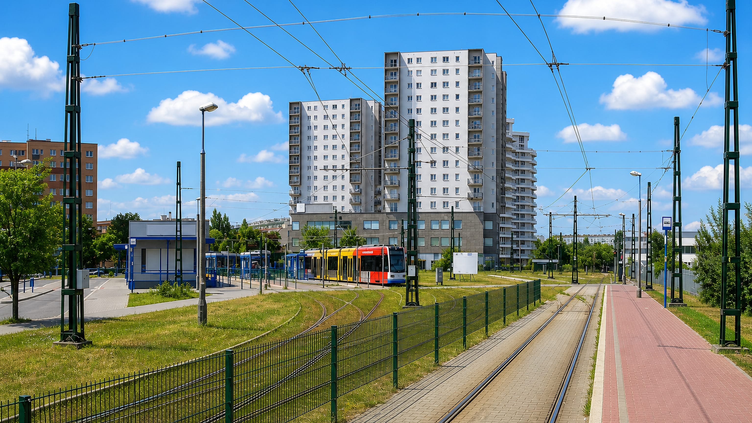 Tram approaching a stop below high-rise housing blocks in Prądnik Biały, Kraków.