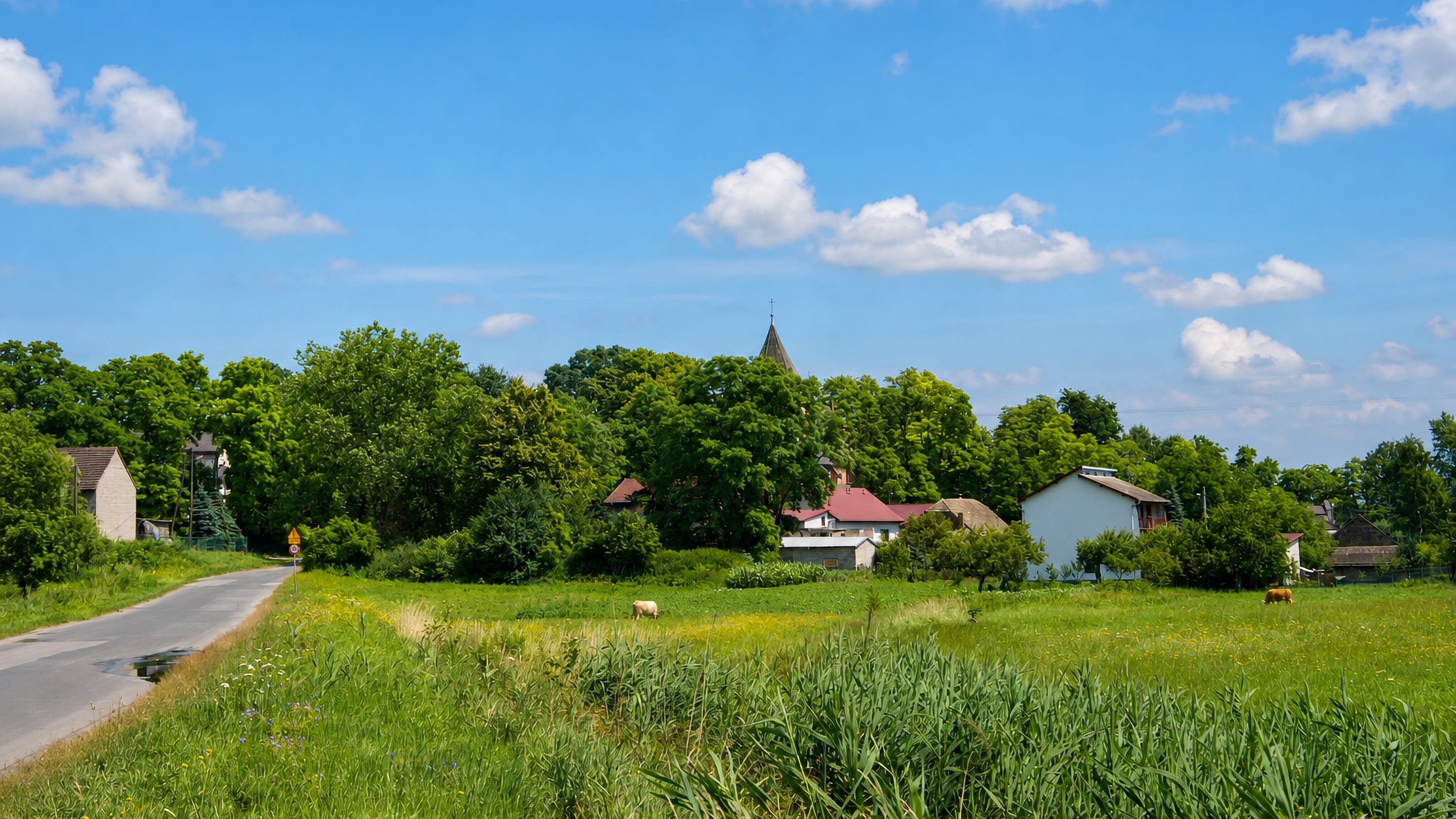 Country lane, meadow and a village church spire among trees at Ruszcza on Krakow's eastern edge.