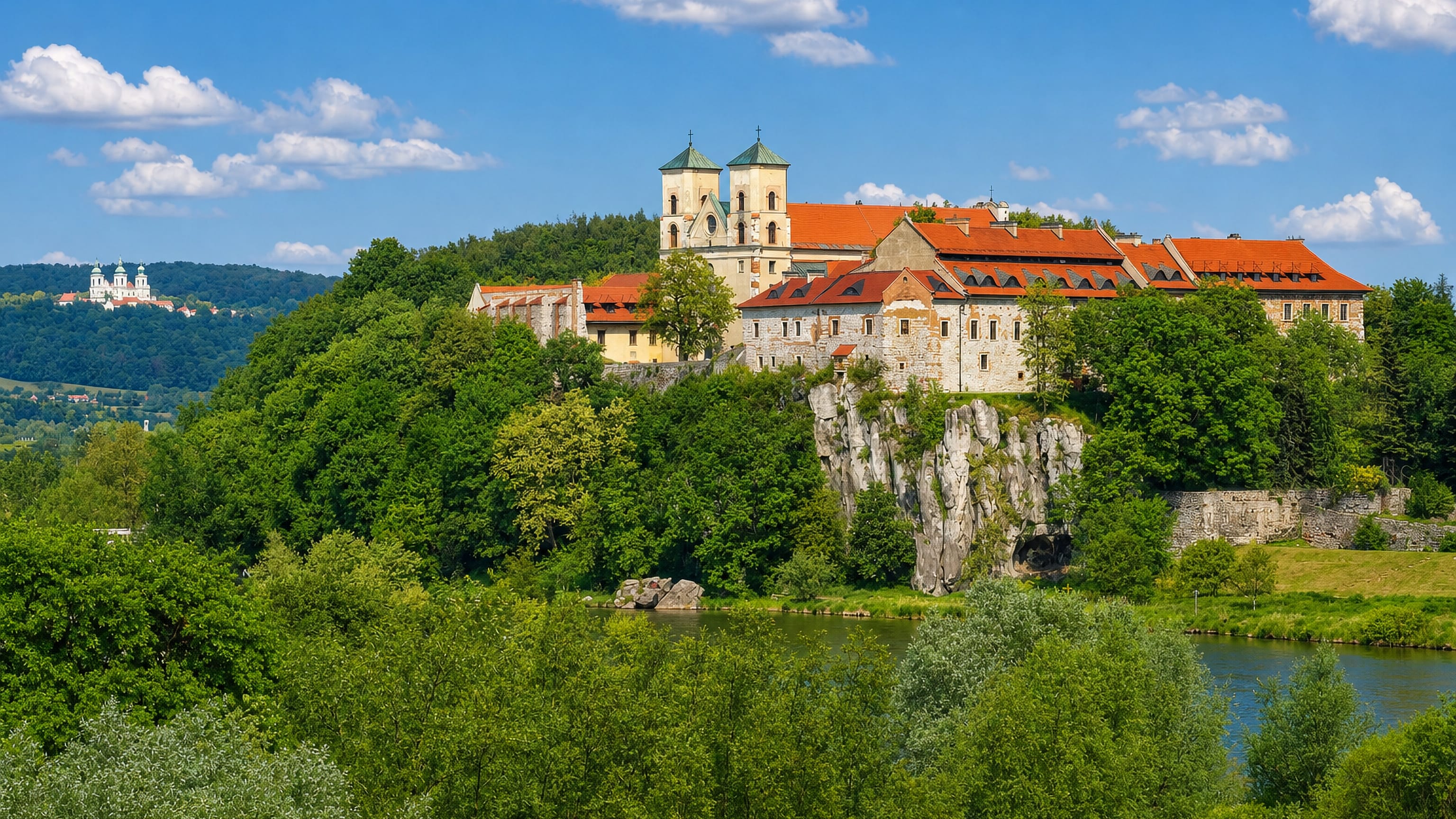 Tyniec Benedictine Abbey on its limestone cliff above the Vistula river on the western edge of Kraków
