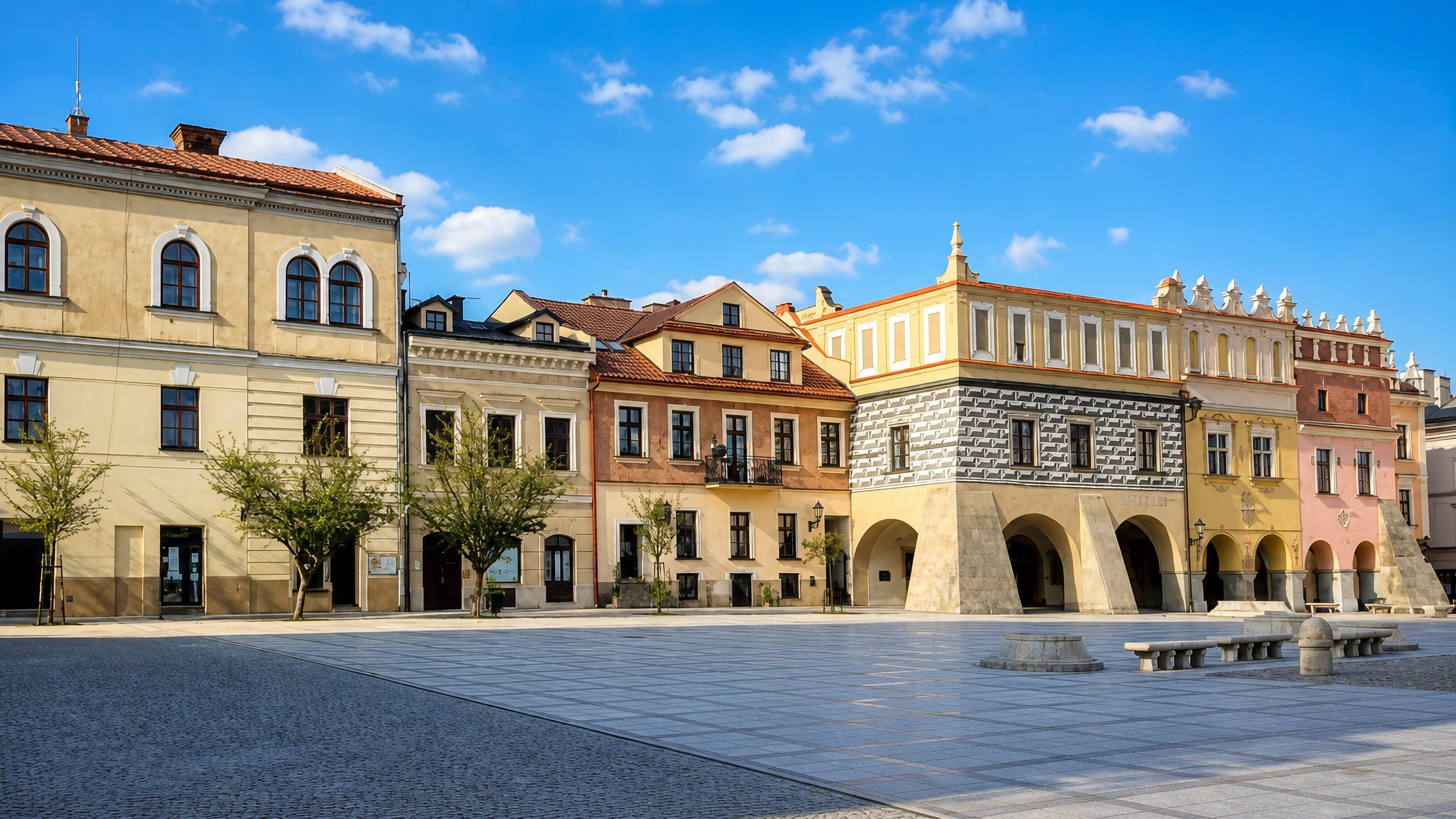 Tarnów's Rynek market square lined with arcaded Renaissance townhouses and a sgraffito-patterned facade.