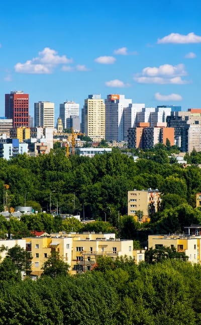 Łódź skyline with modern high-rises and a neo-Gothic cathedral spire rising above green trees and apartment blocks