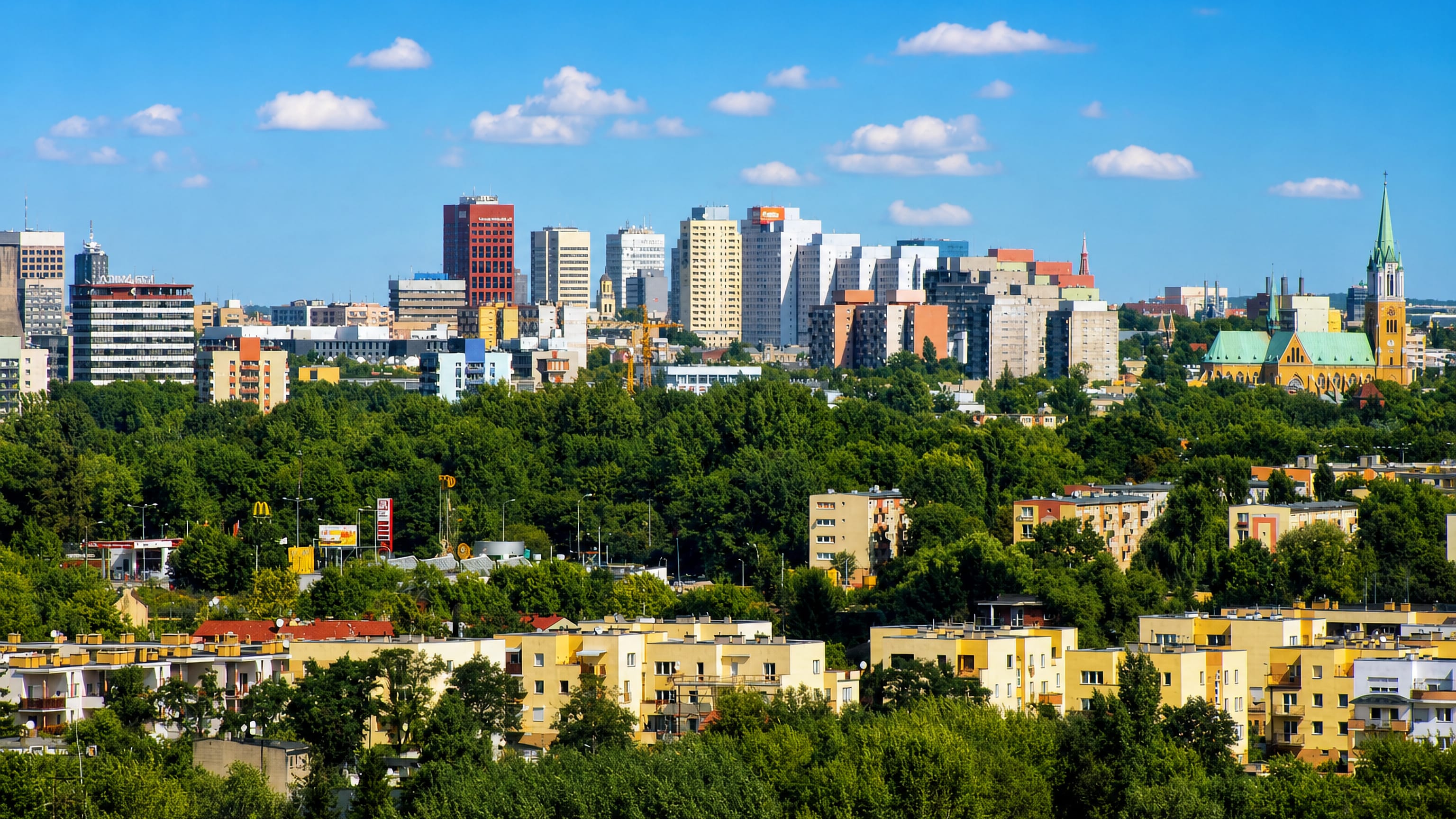 Łódź skyline with modern high-rises and a neo-Gothic cathedral spire rising above green trees and apartment blocks