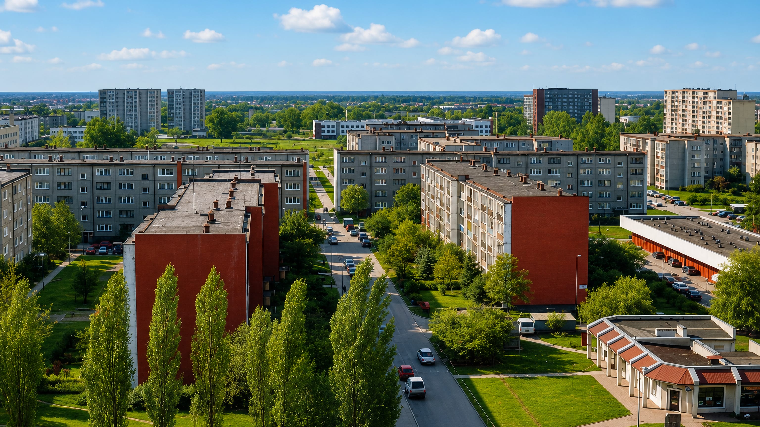 Prefabricated apartment blocks, lawns and tree-lined streets of the Retkinia housing estate in Łódź
