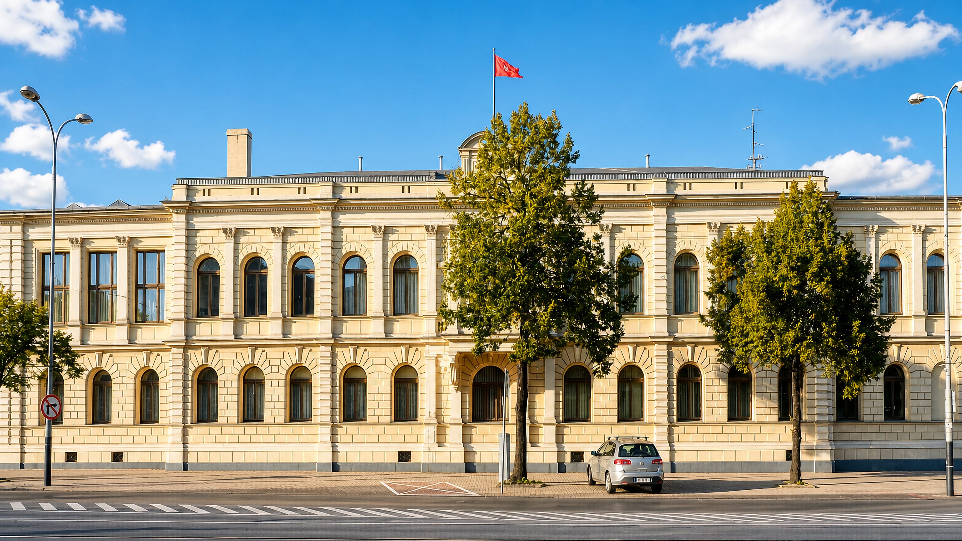 Long neoclassical civic building with arched windows facing a broad street in Pabianice, Poland.