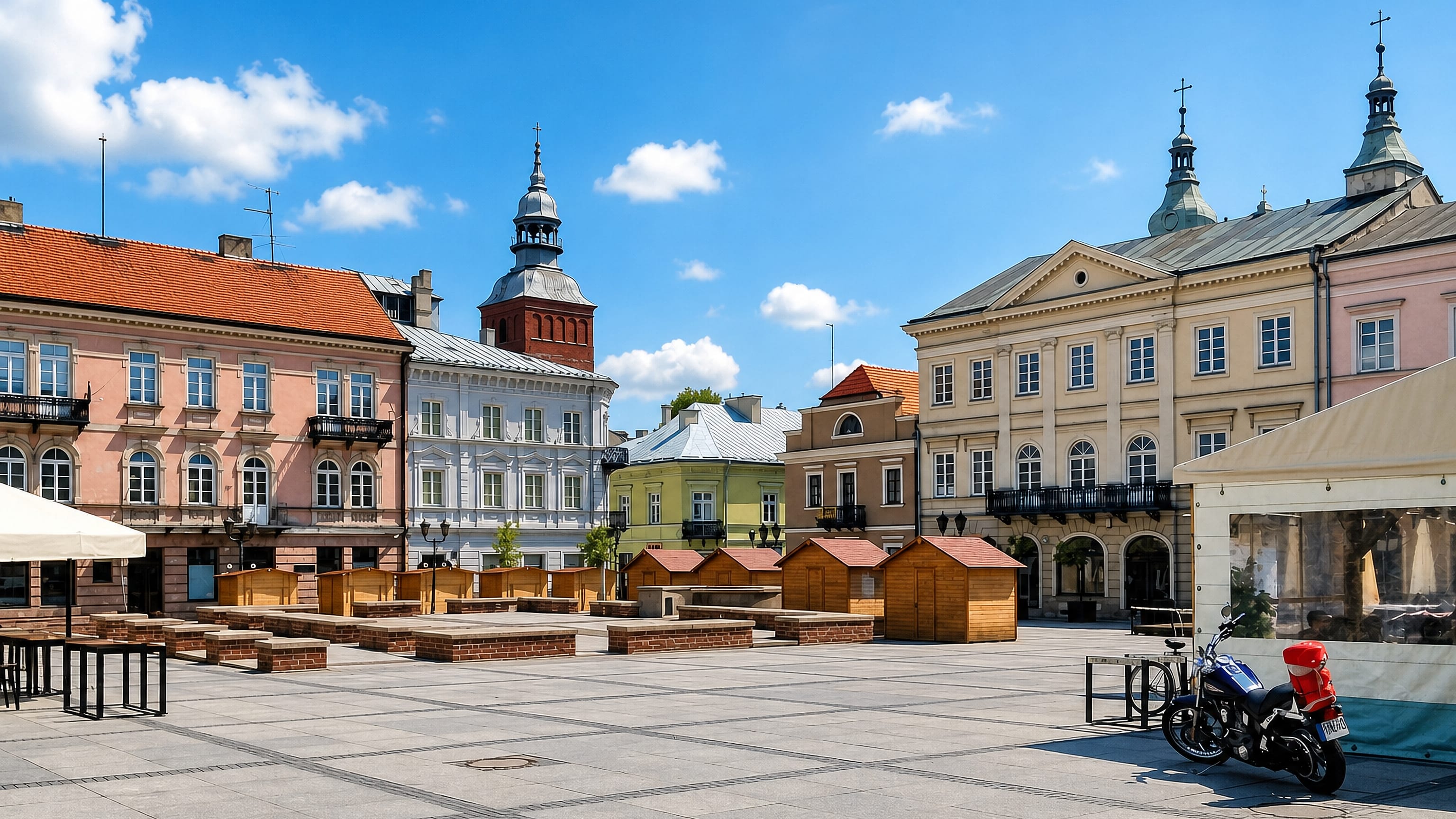 Pastel townhouses and church spires around the paved Old Town market square in Piotrków Trybunalski.