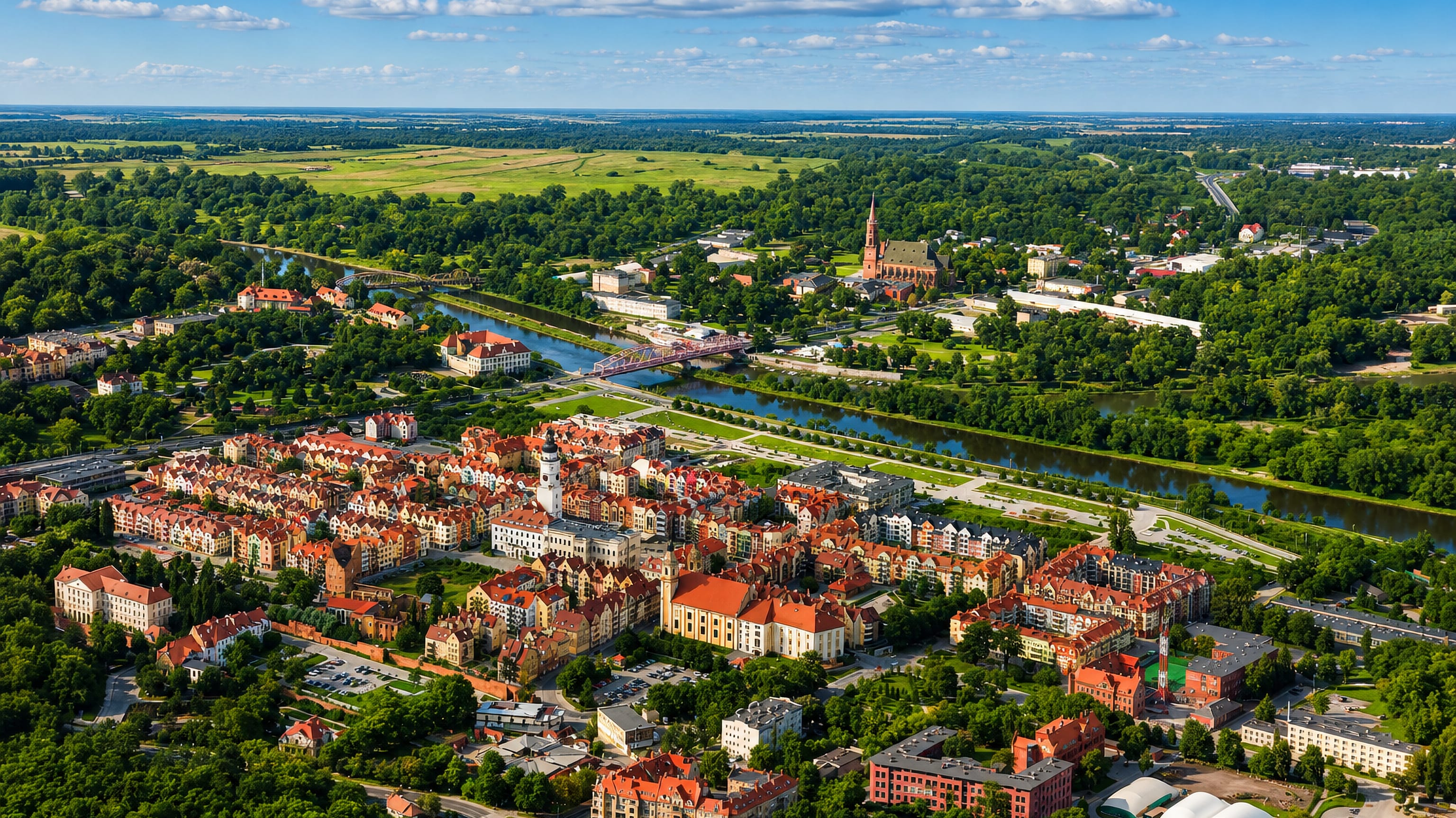 Aerial view of Glogow, Poland, with its rebuilt Old Town, town hall tower and the Oder river.