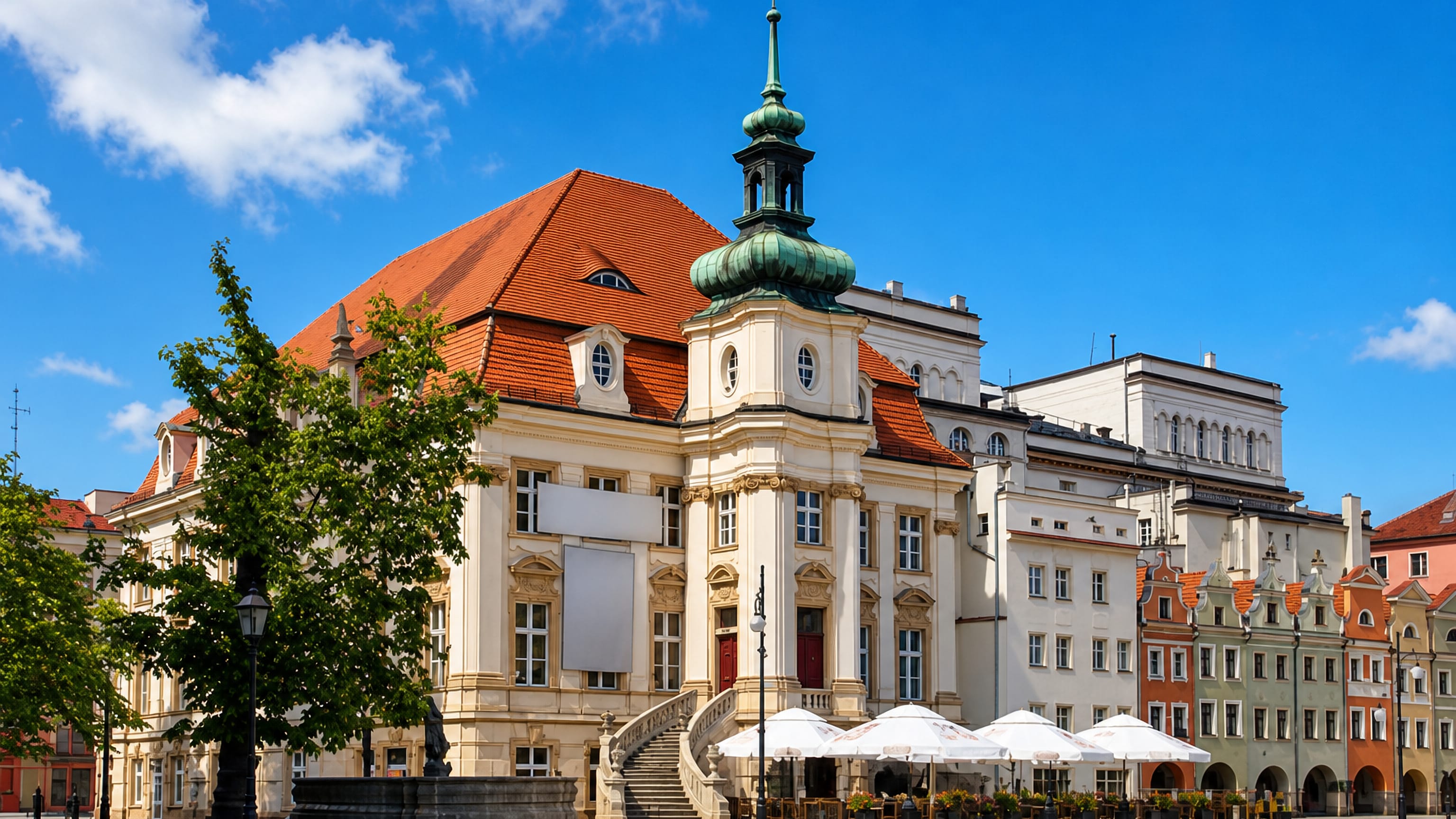 Legnica's market square with the baroque-towered Old Town Hall and the arcaded Herring Houses under a blue sky.
