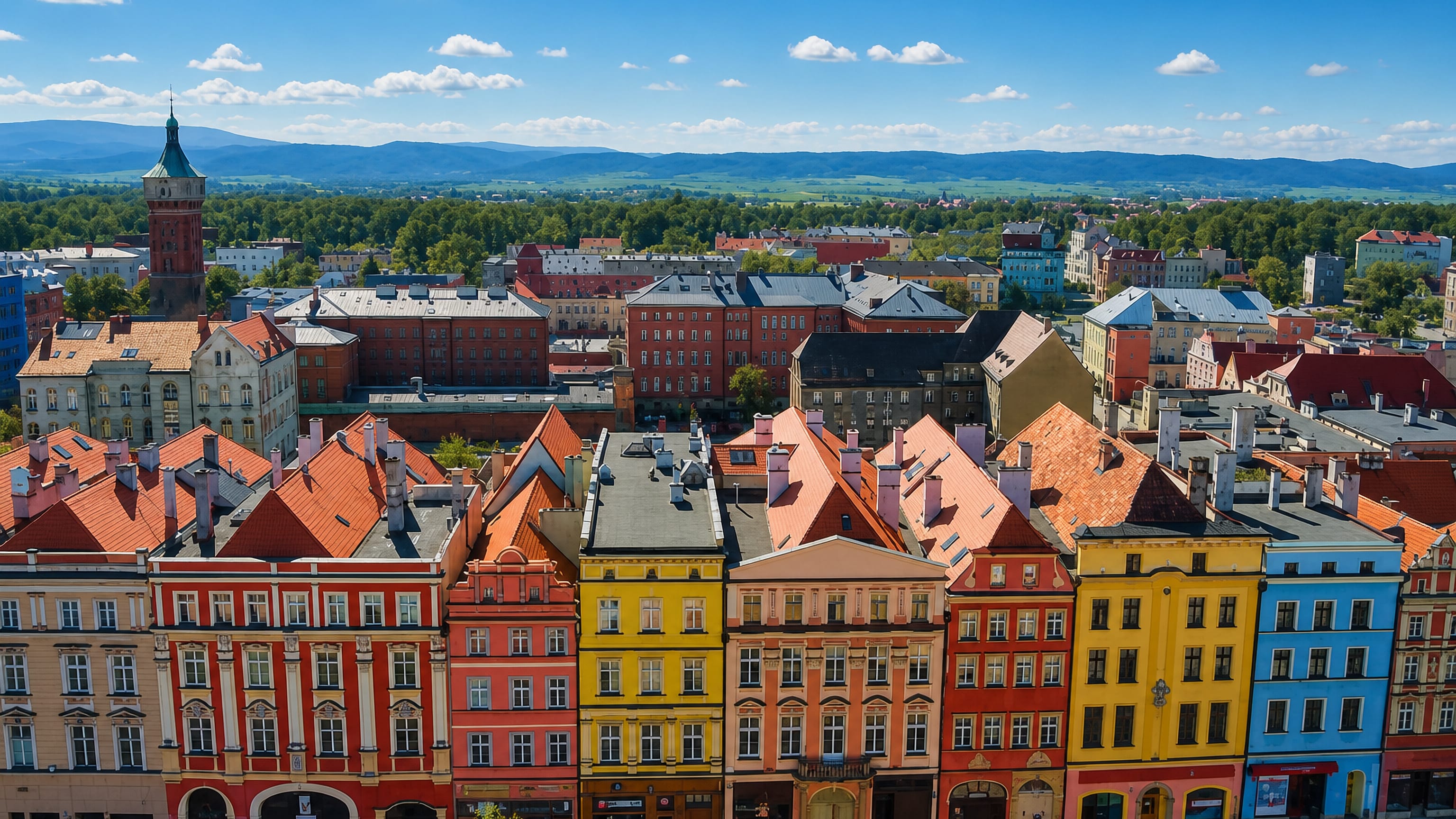 Colourful market-square townhouses and red-tiled roofs in Świdnica, Poland, with the Sudetes foothills beyond