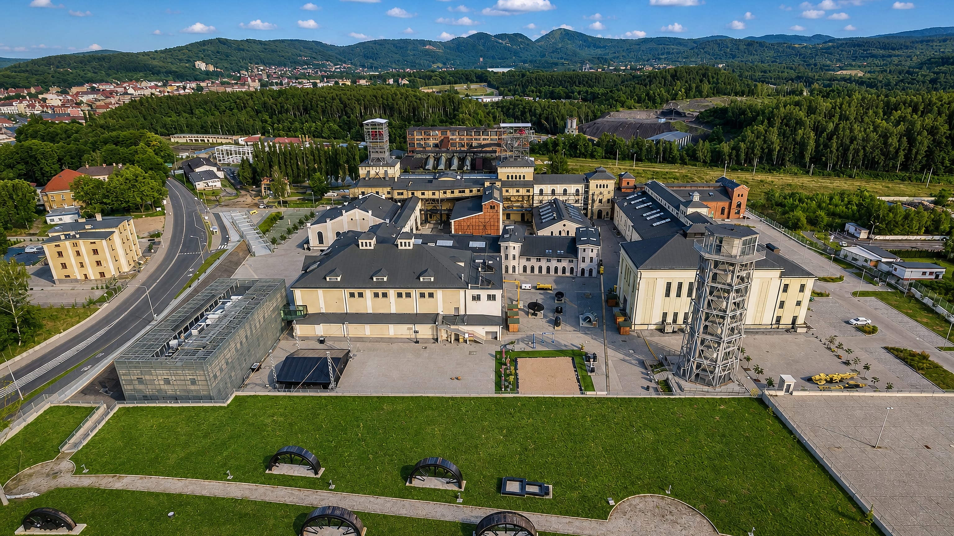 Aerial of the restored Stara Kopalnia coal-mine complex and its shaft tower in Biały Kamień, Wałbrzych.
