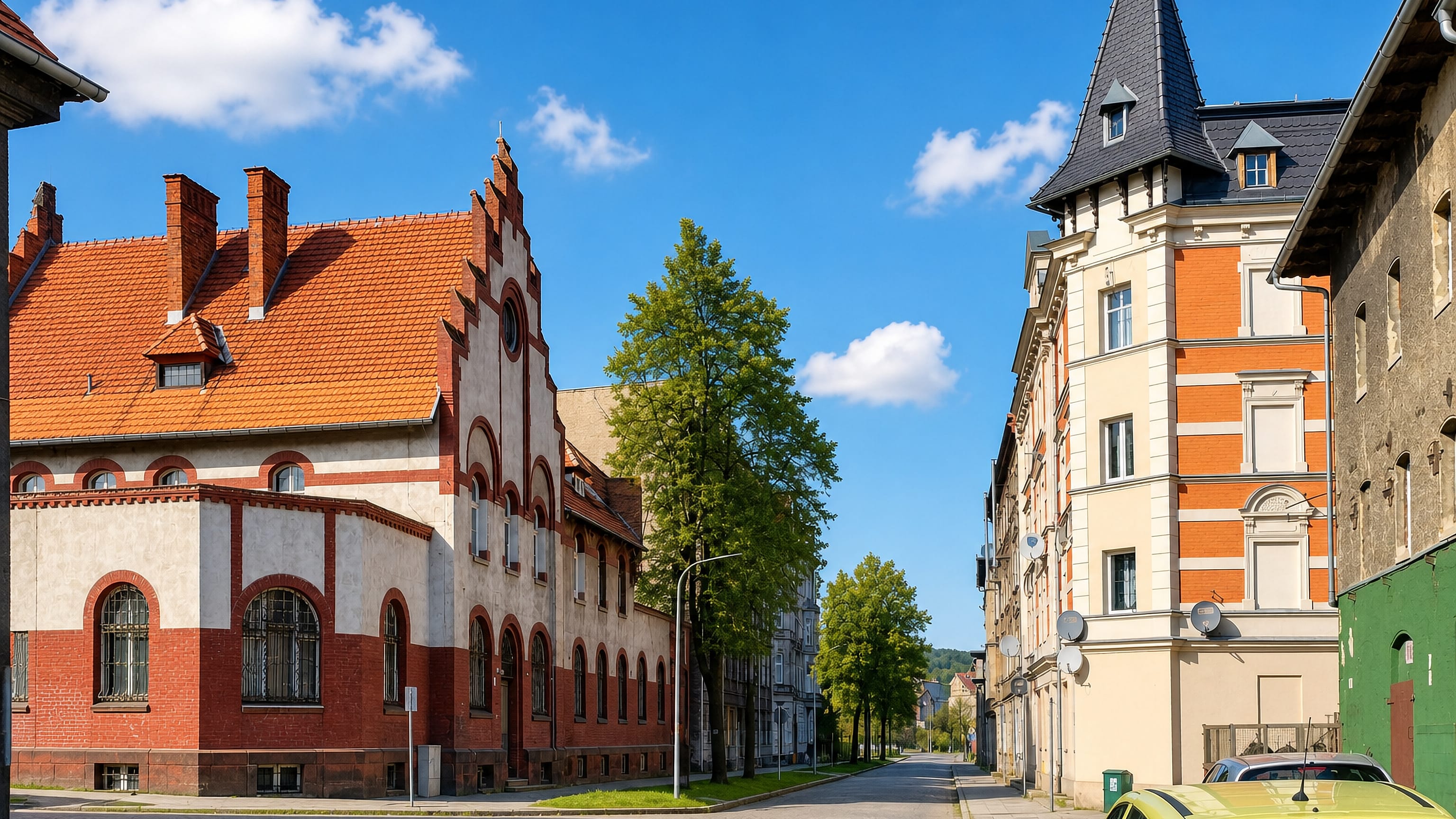 Brick and stucco tenements along a quiet street in Stary Zdroj, a district of Walbrzych.