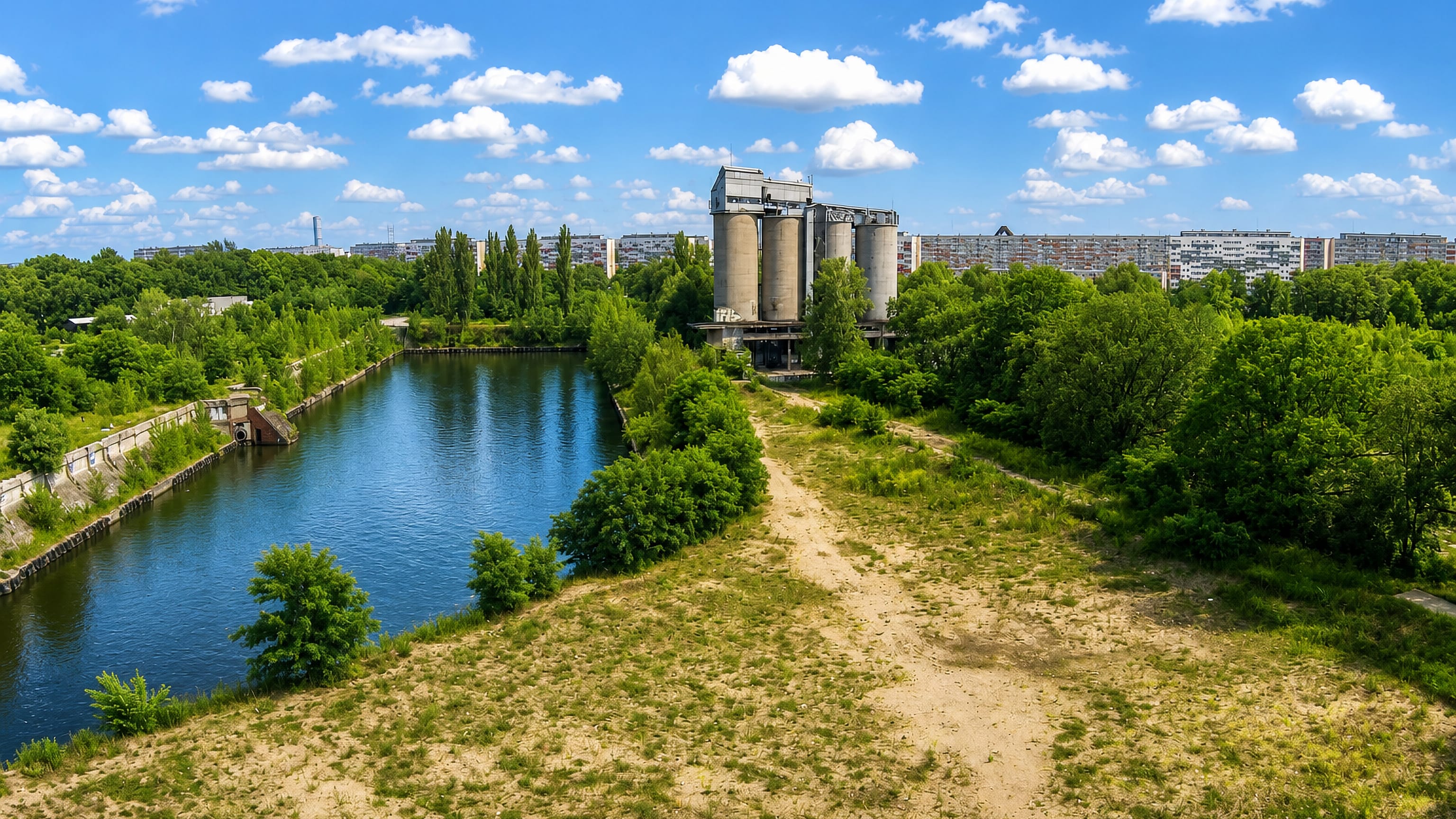 Concrete silos and prefab housing blocks beyond a channel of the Odra at Popowice, Wroclaw.