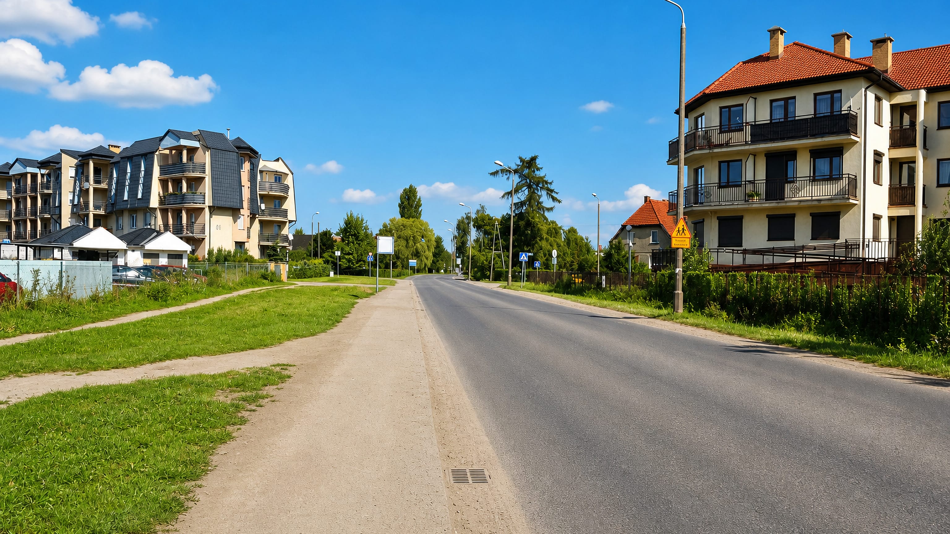 A wide road past new apartment blocks and grass verges in Wojszyce on the southern edge of Wrocław.