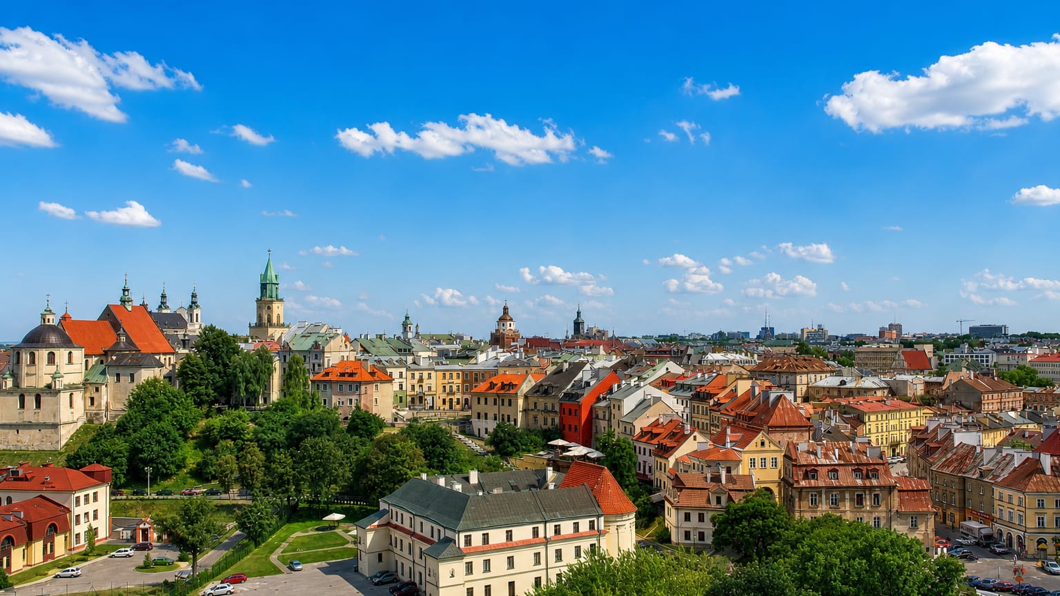 Lublin Old Town skyline with the green-domed Trinitarian Tower and cathedral among red roofs