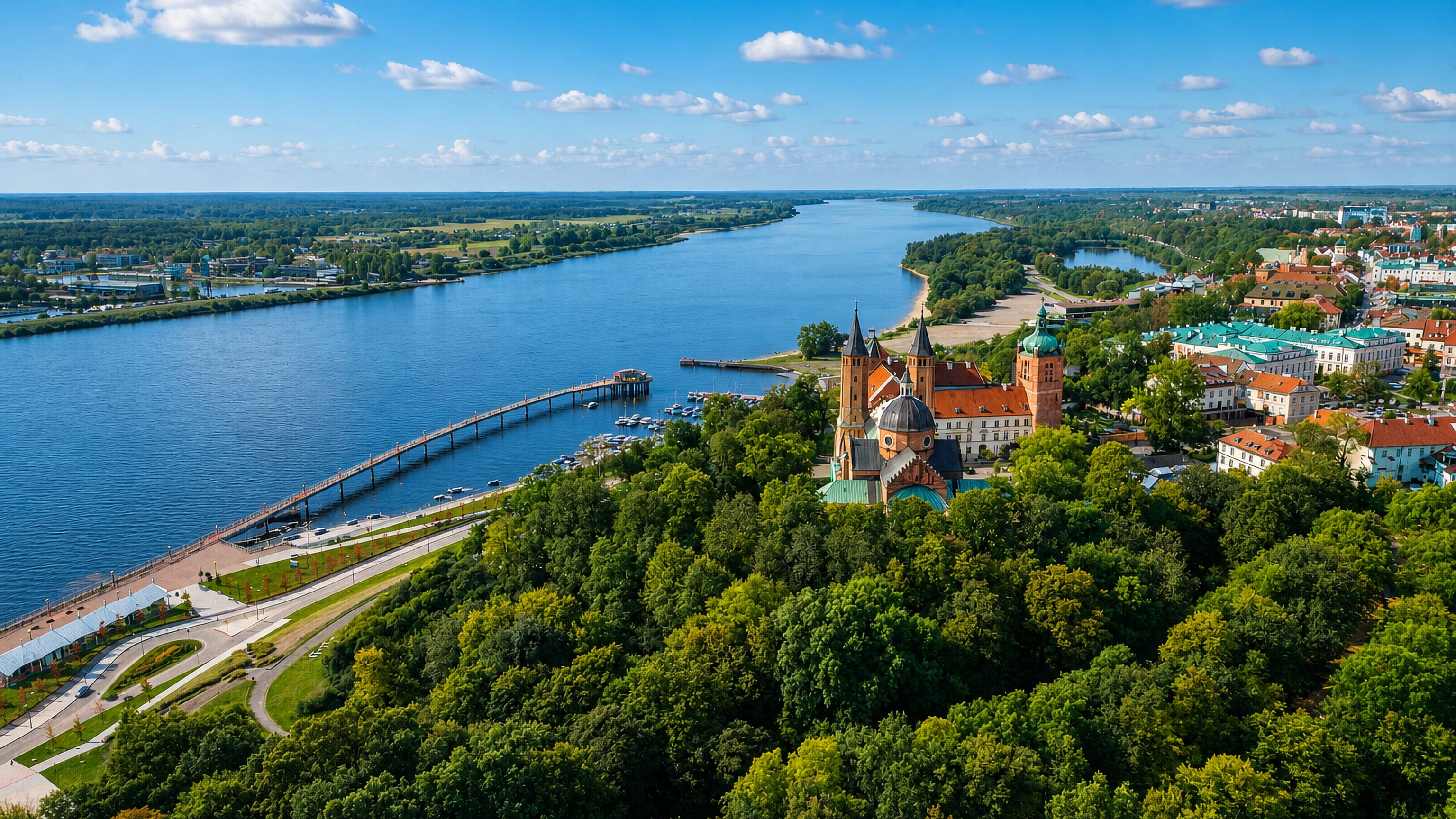 Aerial view of Płock, Poland, with the twin-towered cathedral on Tumskie Hill above the Vistula River and old town.