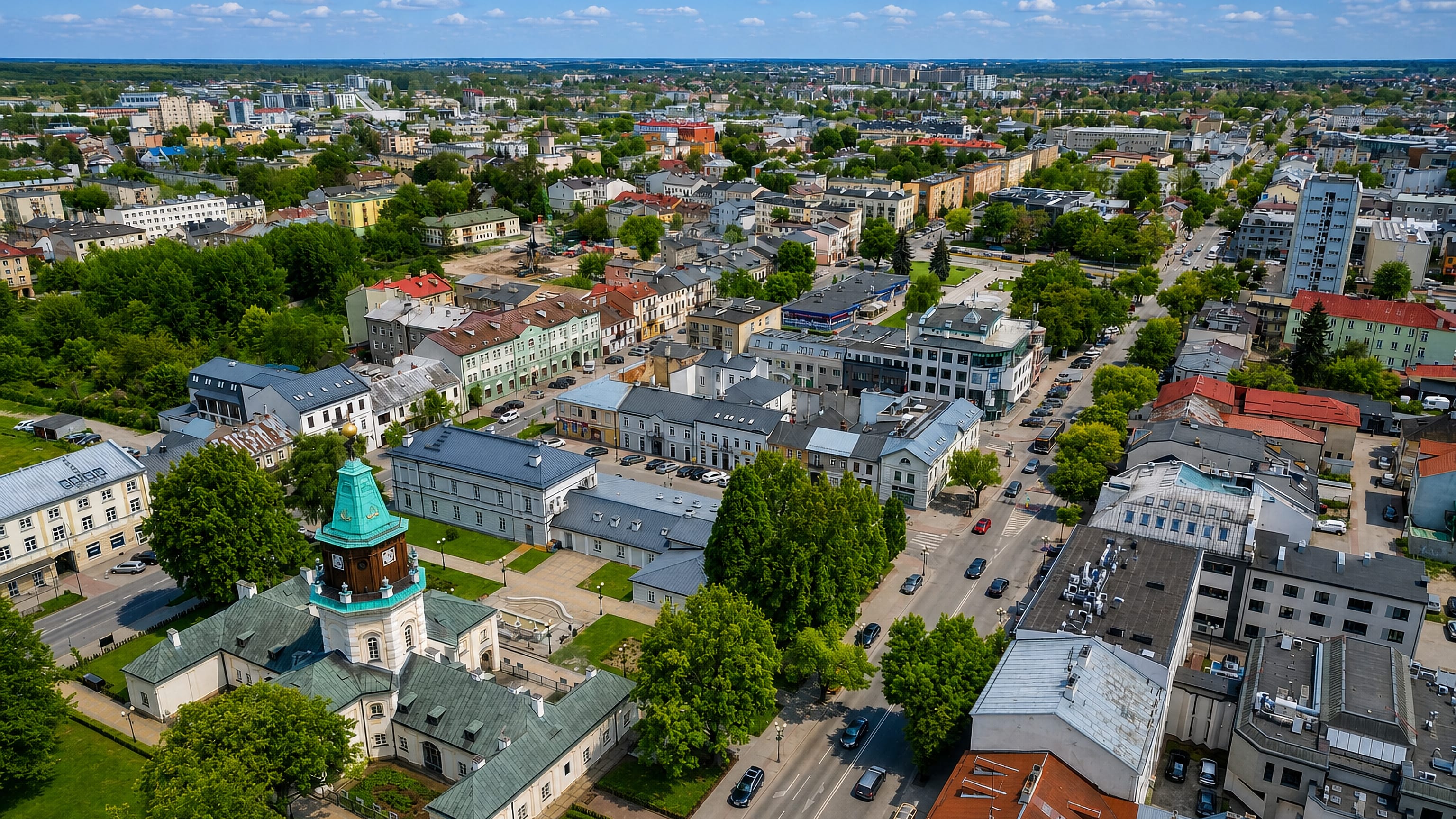 Aerial view of Siedlce with the baroque Ratusz town hall and its green copper tower above the town centre.