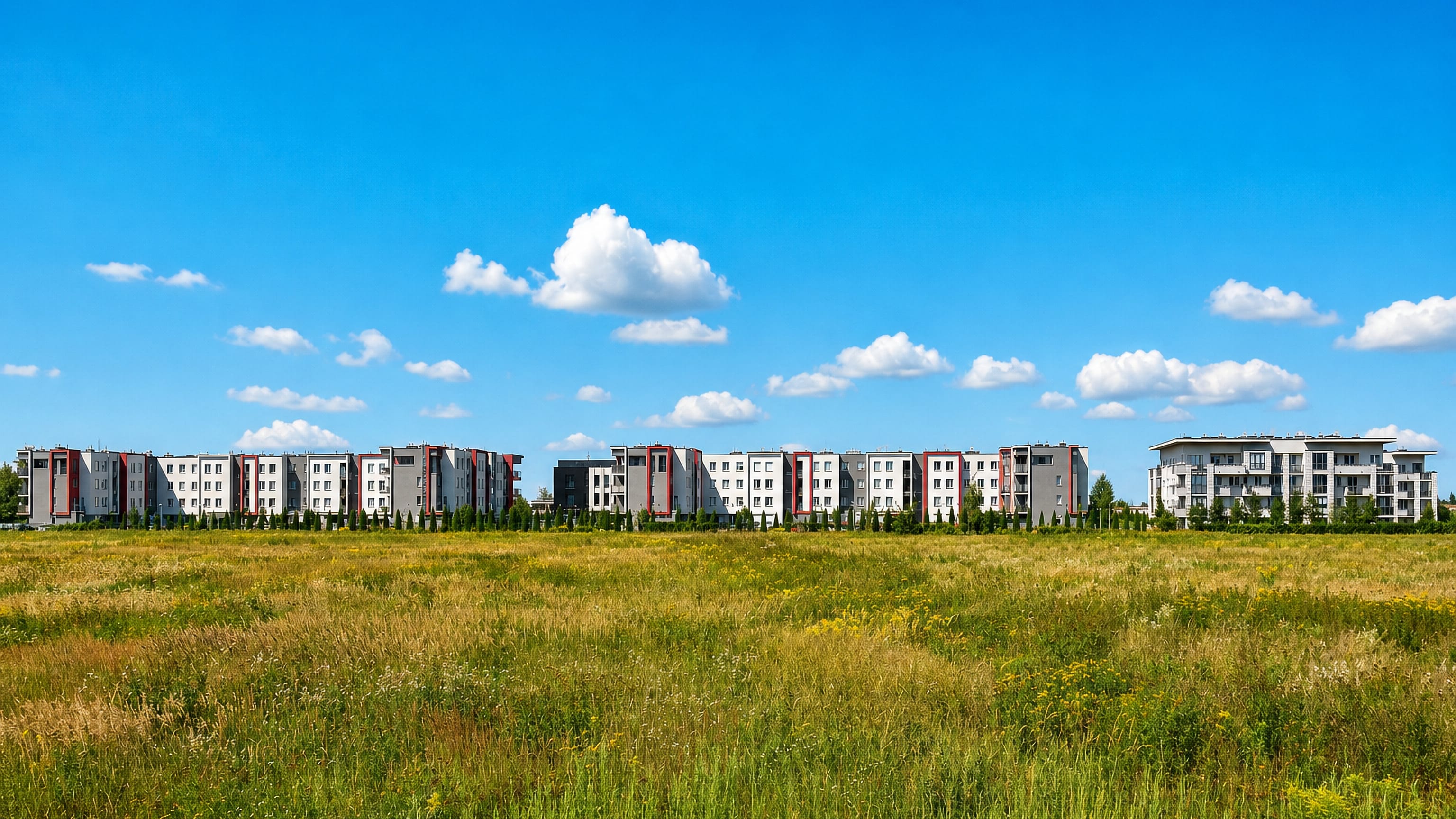 New low-rise apartment blocks lining a meadow at Chrzanów, a Bemowo neighbourhood on Warsaw's western edge.