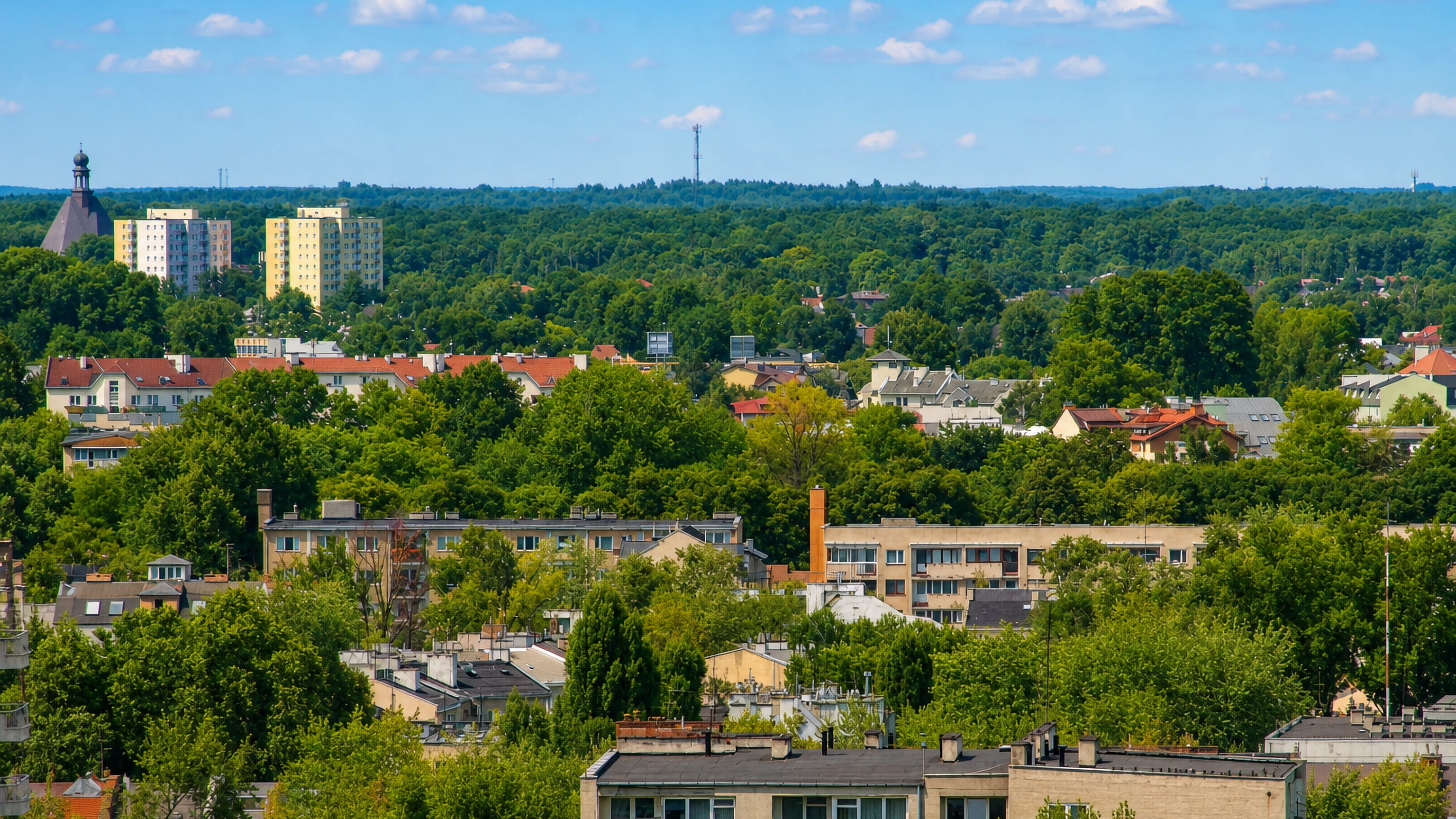 Leafy rooftops, low blocks and towers of Goclawek in Warsaw, with forest on the horizon.