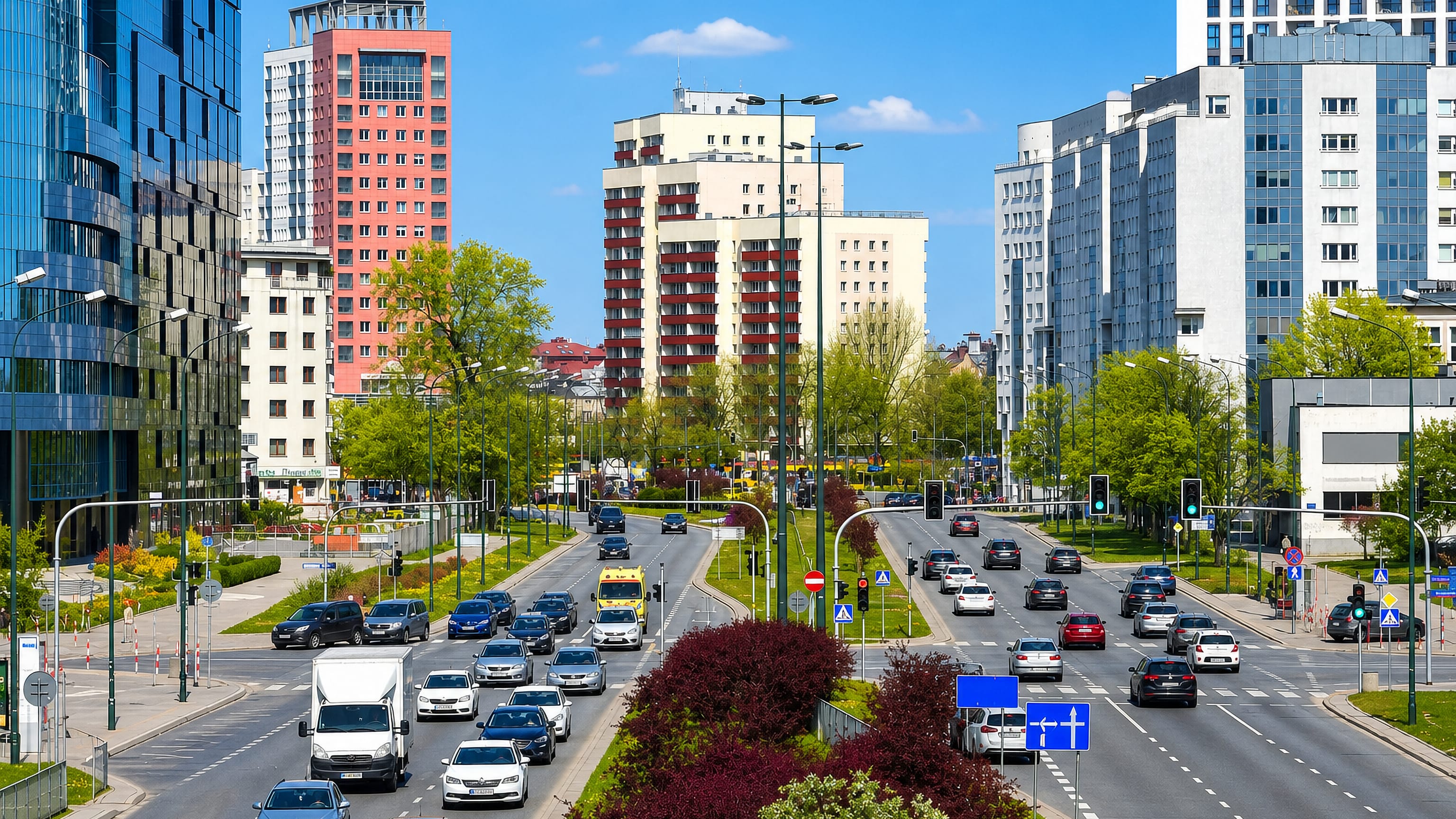 Traffic on a broad avenue lined with modern apartment and office towers in Grochow, Warsaw.