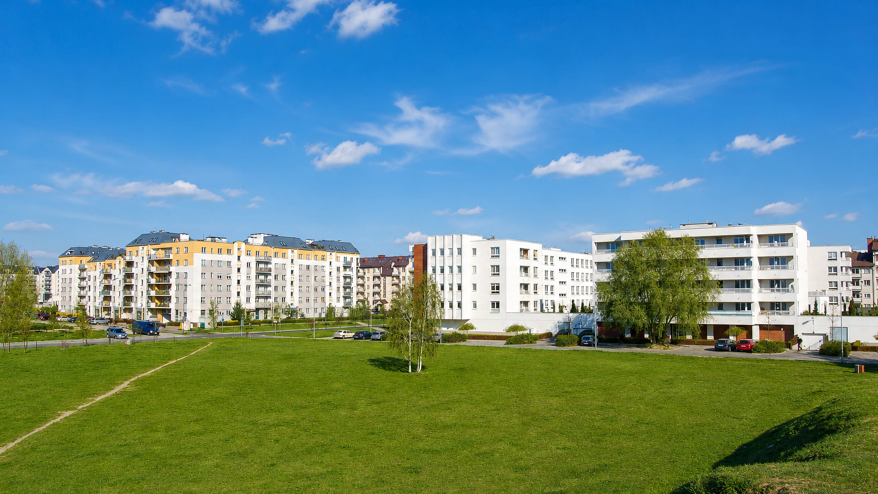 Modern white and yellow apartment blocks behind a green park in Warsaw's Kabaty district under a blue sky.