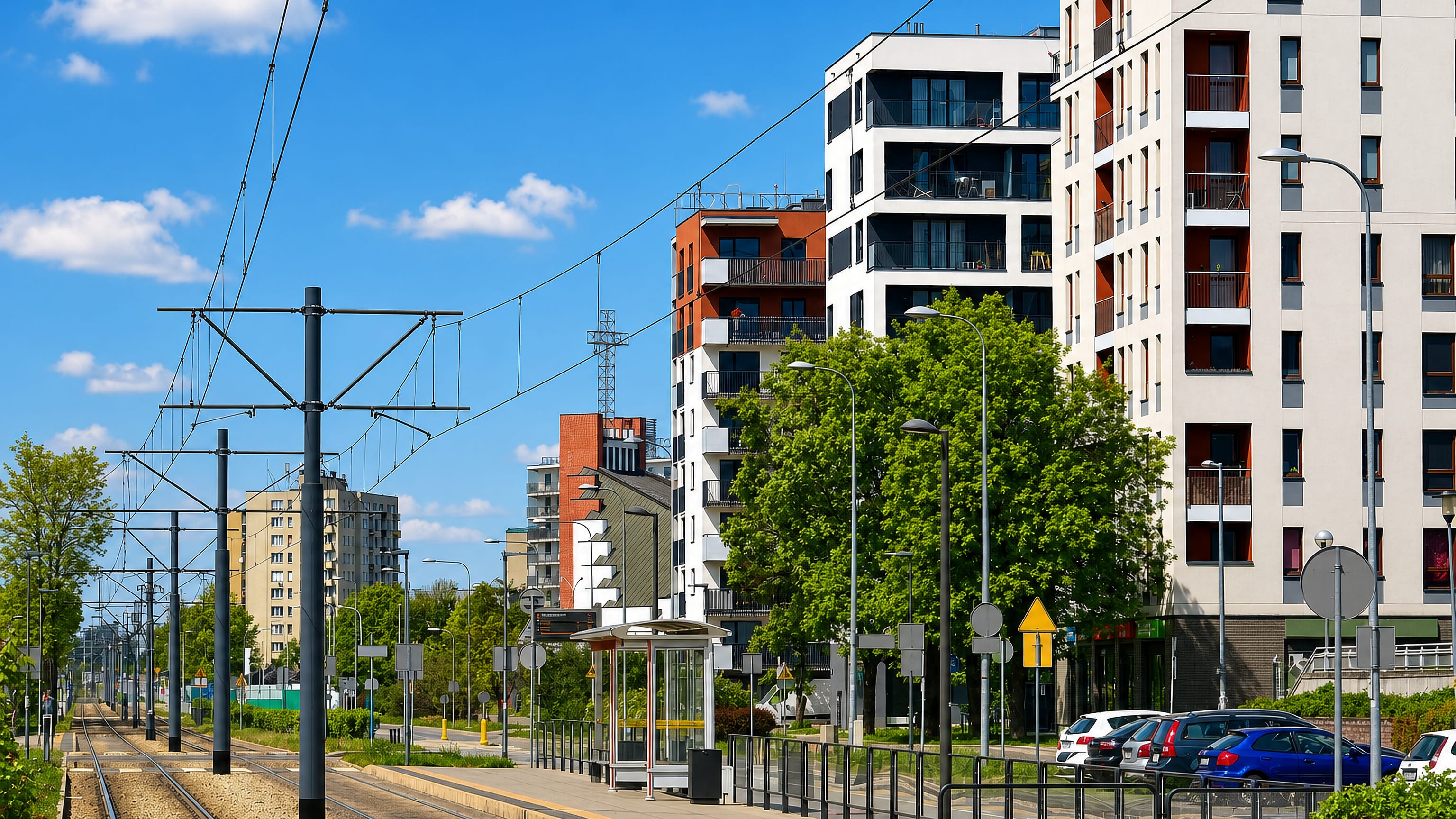 Tram tracks and a stop shelter beside new white-and-orange apartment blocks in Nowe Bródno, Warsaw.