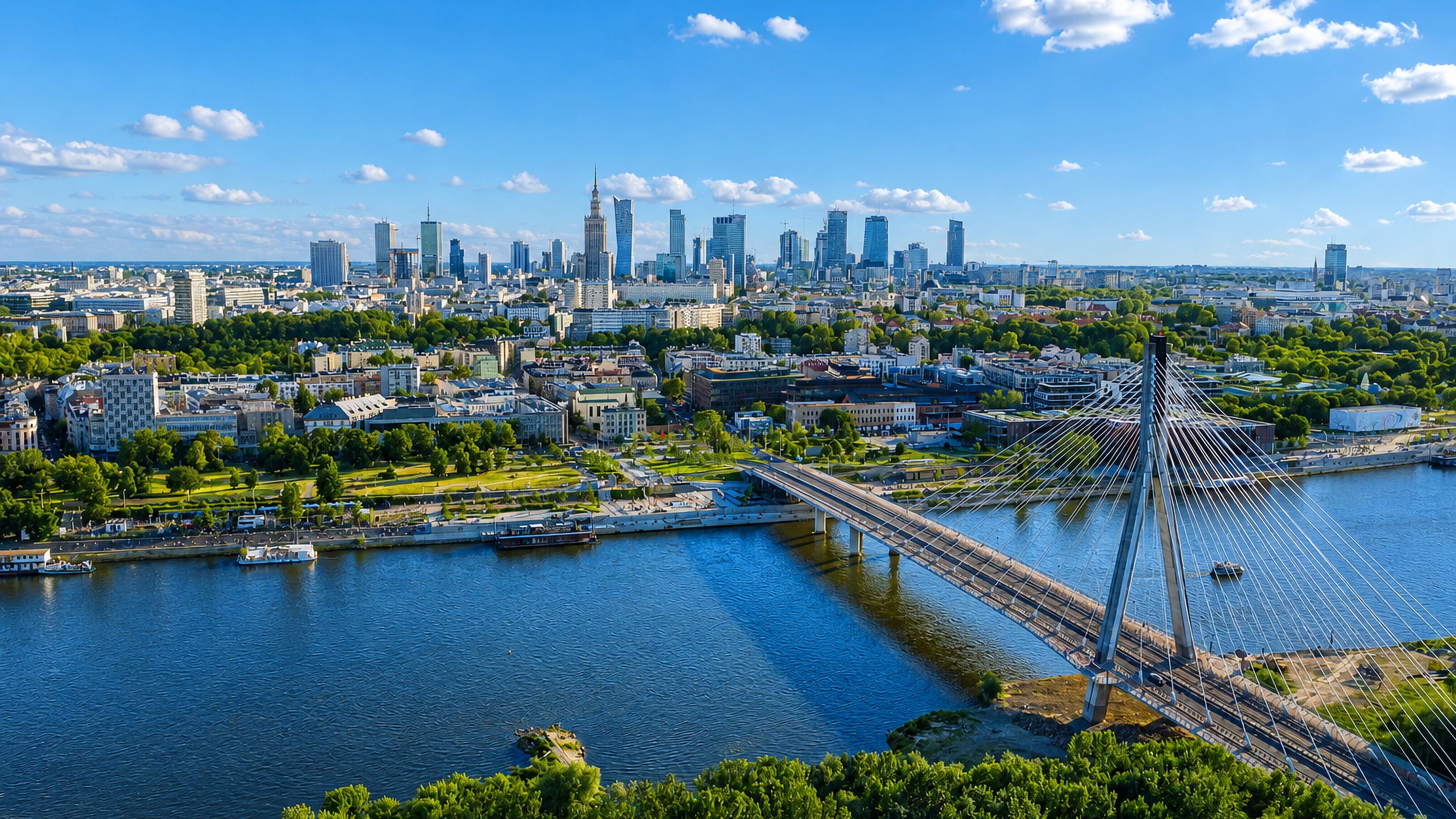 Powiśle riverbank in Warsaw with the Vistula, Świętokrzyski Bridge and the city skyline beyond.