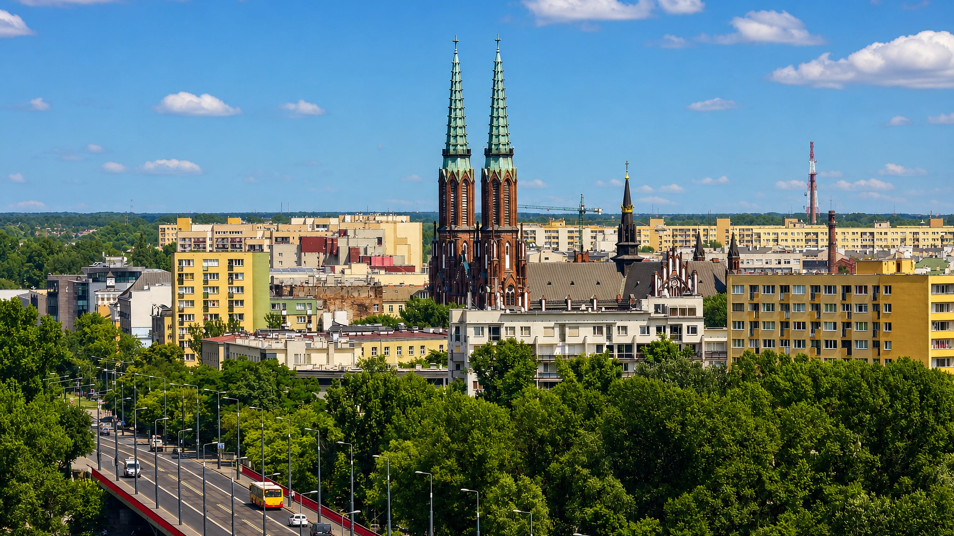 The twin spires of St Michael and St Florian Cathedral above Praga, Warsaw, with a tram crossing the bridge.