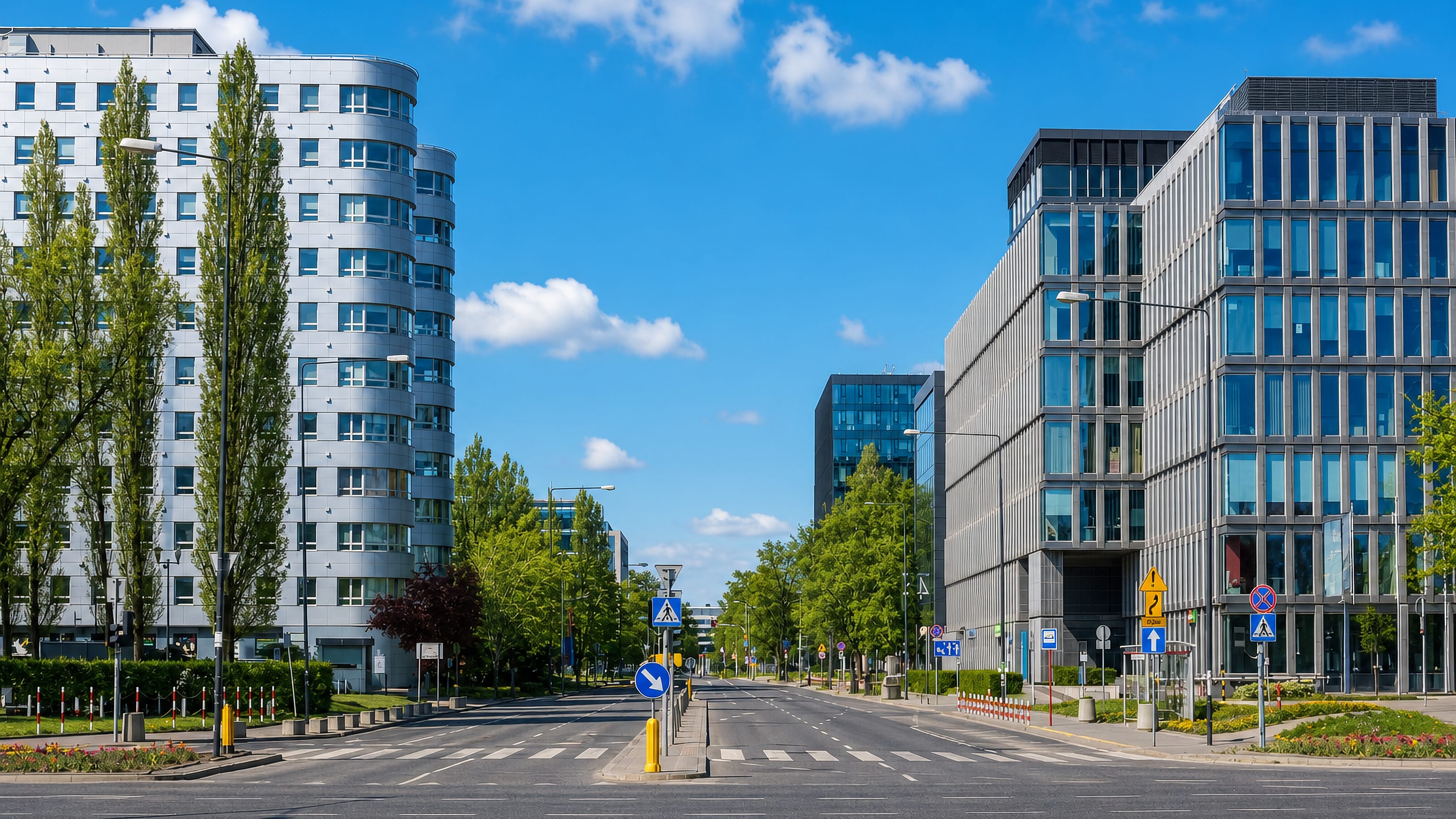 Glass and steel office buildings lining a broad avenue in the Służewiec business district of Warsaw.